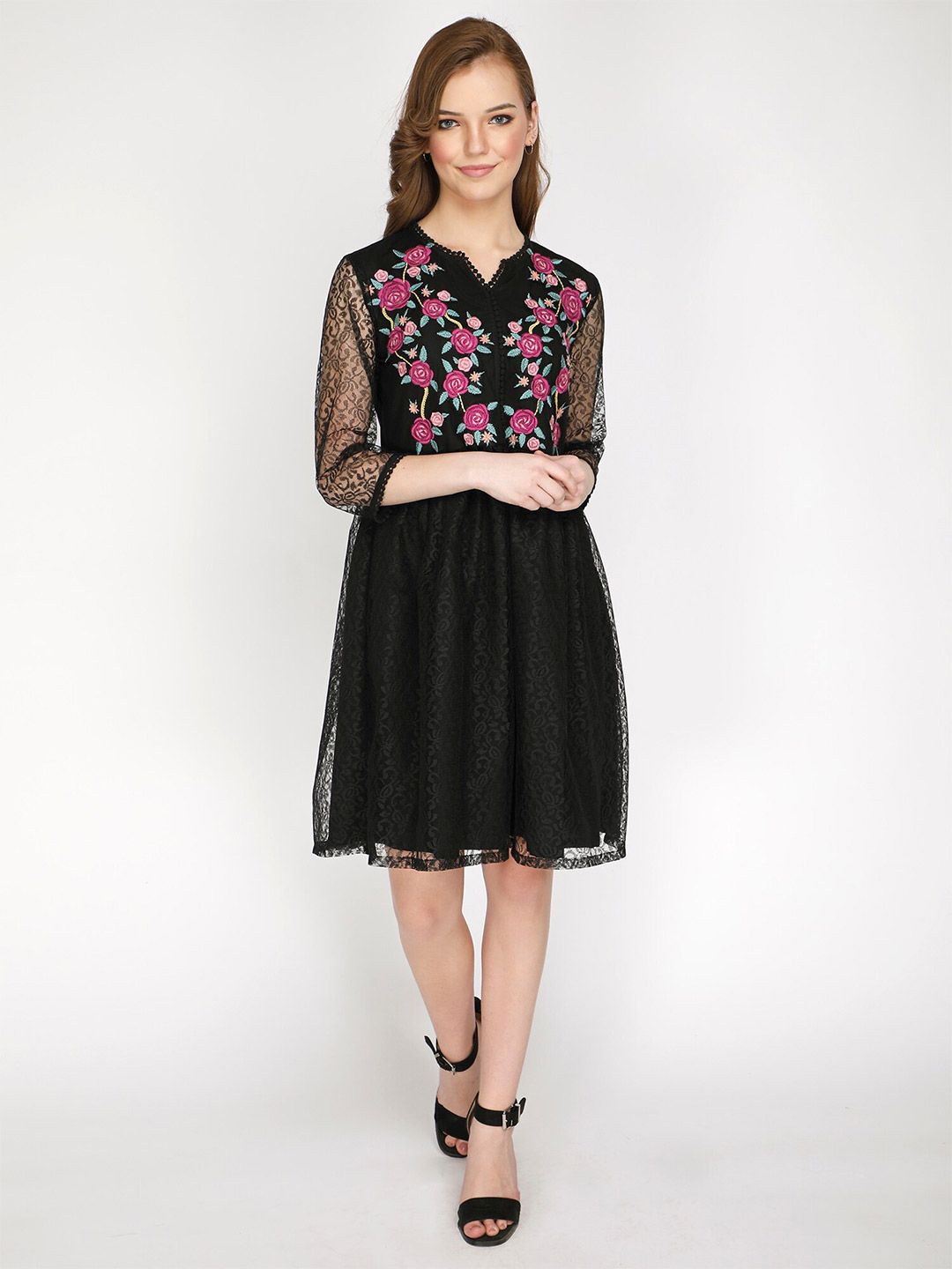 shashvi Women Black Floral Crepe Dress Price in India