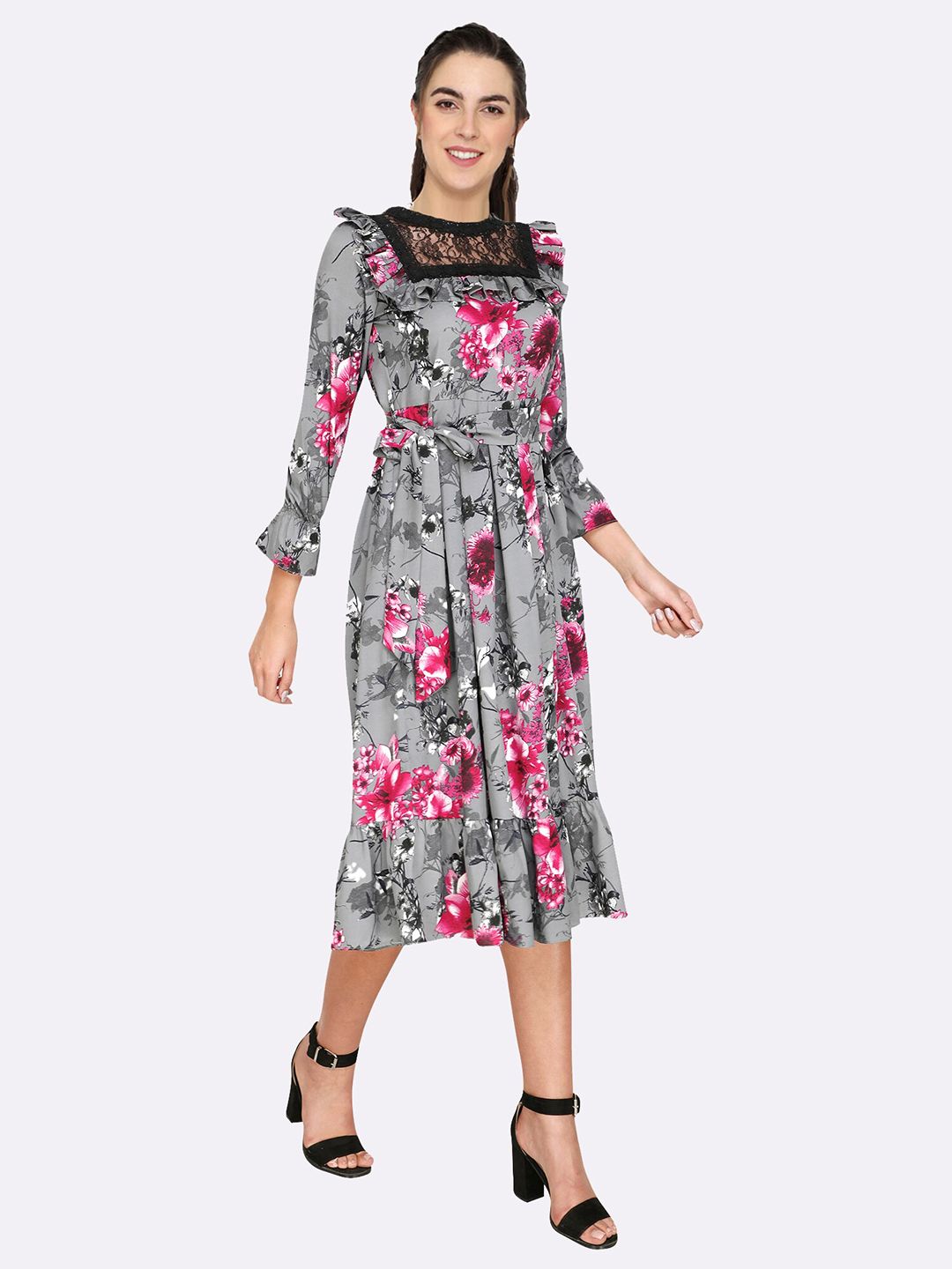 shashvi Women Grey Floral Crepe Midi Dress Price in India