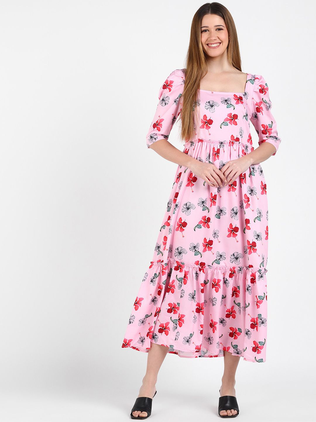 shashvi Women Pink Floral Crepe Midi Dress Price in India