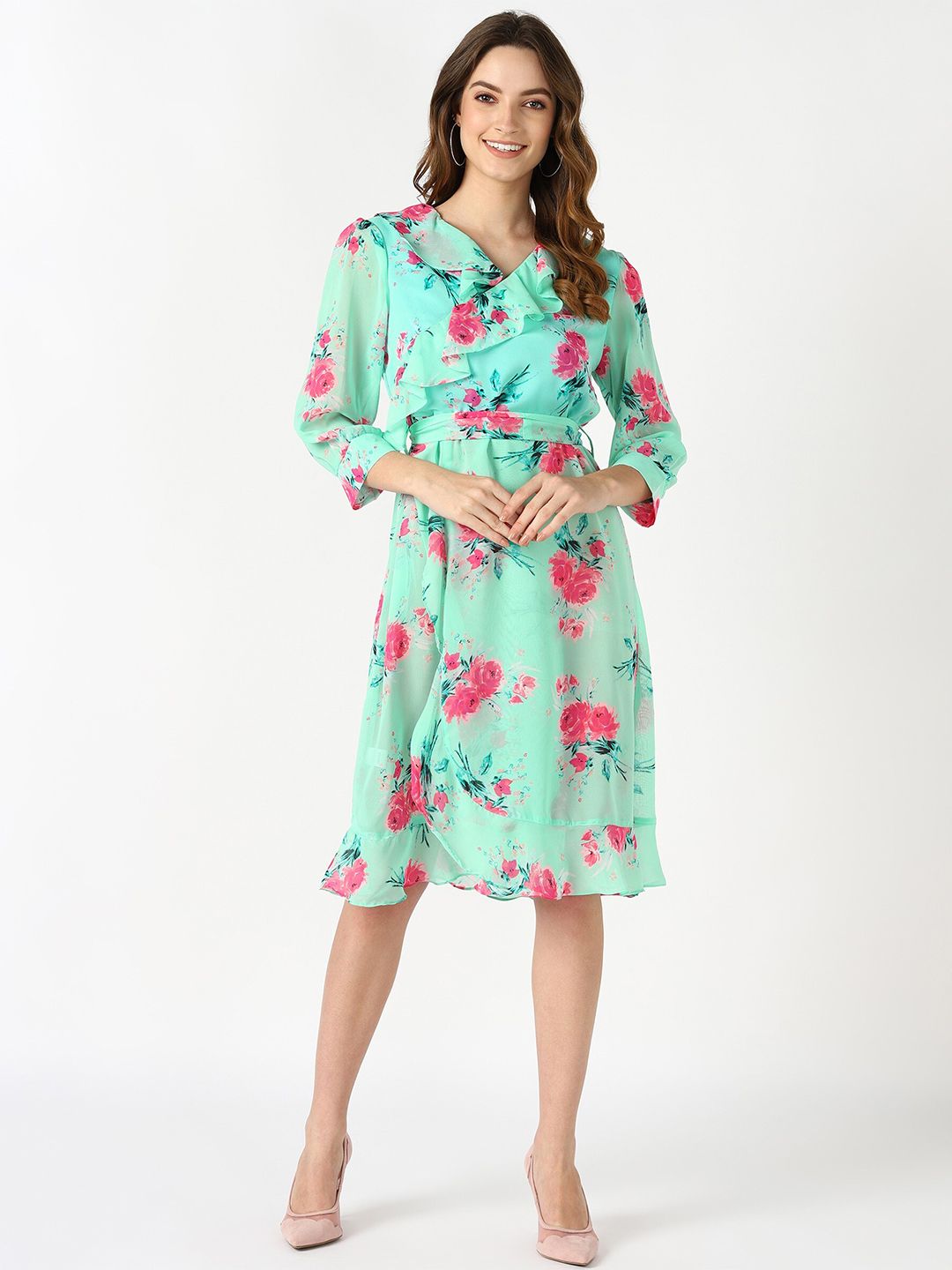 shashvi Green Floral Crepe Dress Price in India