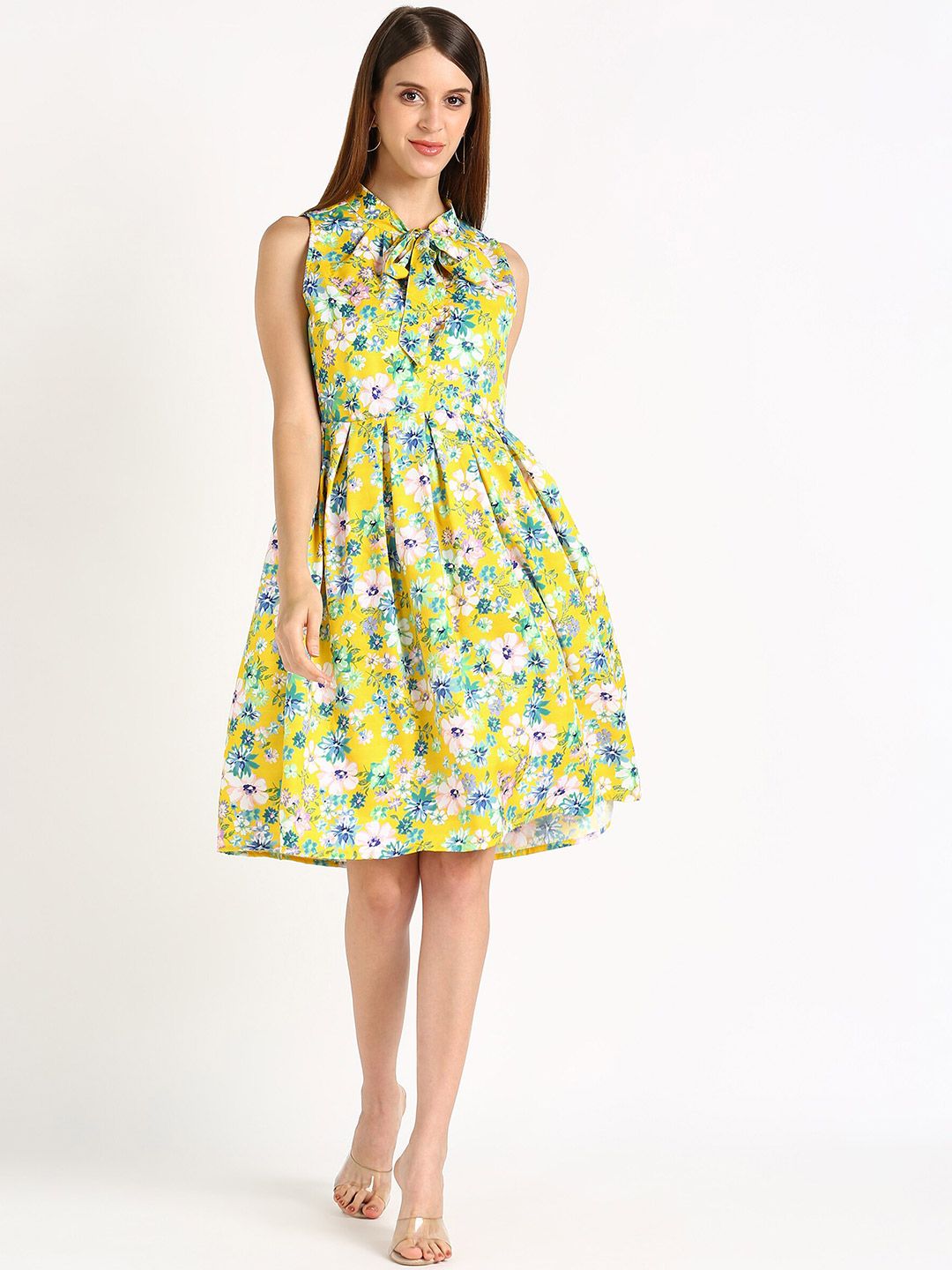 shashvi  Women Yellow Floral Tie-Up Neck Crepe Dress Price in India