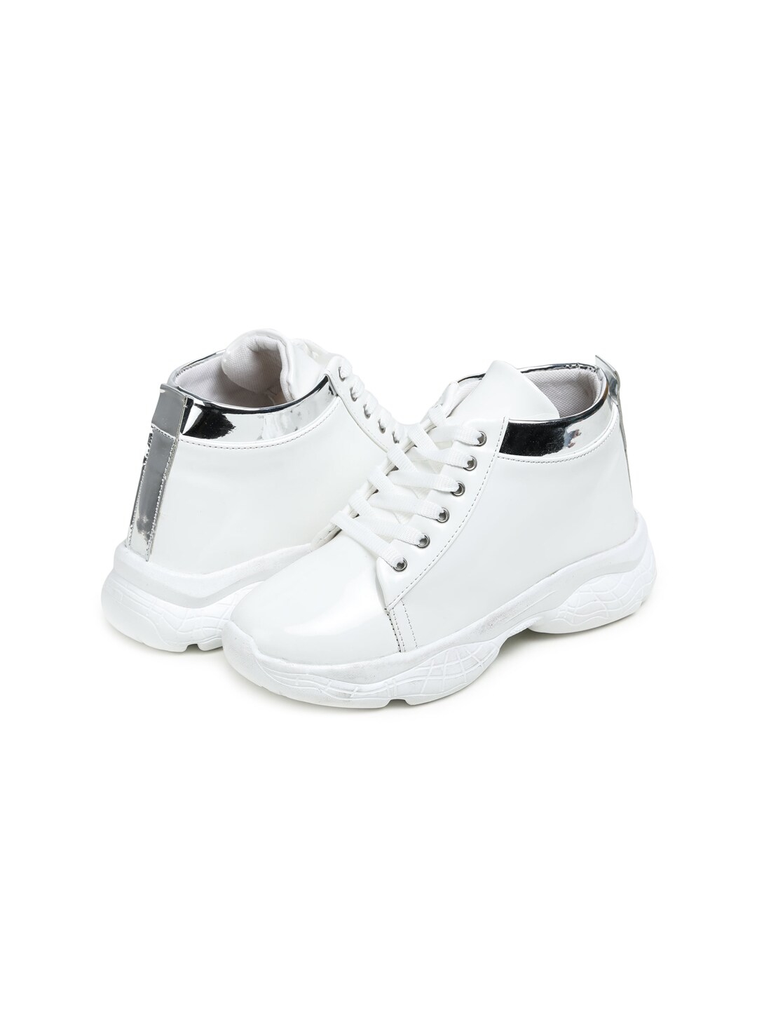 BOOTCO Women White  Casual Stylish High Ankle Sneakers for Girls With Silver Stripes Price in India