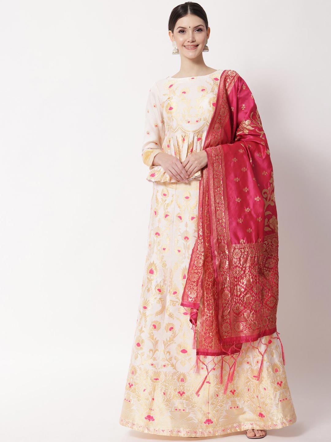 Fabcartz White & Red Printed Semi-Stitched Lehenga & Unstitched Blouse With Dupatta Price in India