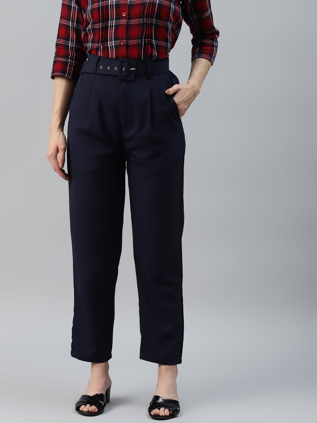 plusS Women Navy Blue Solid Pleated Trousers with Belt Price in India