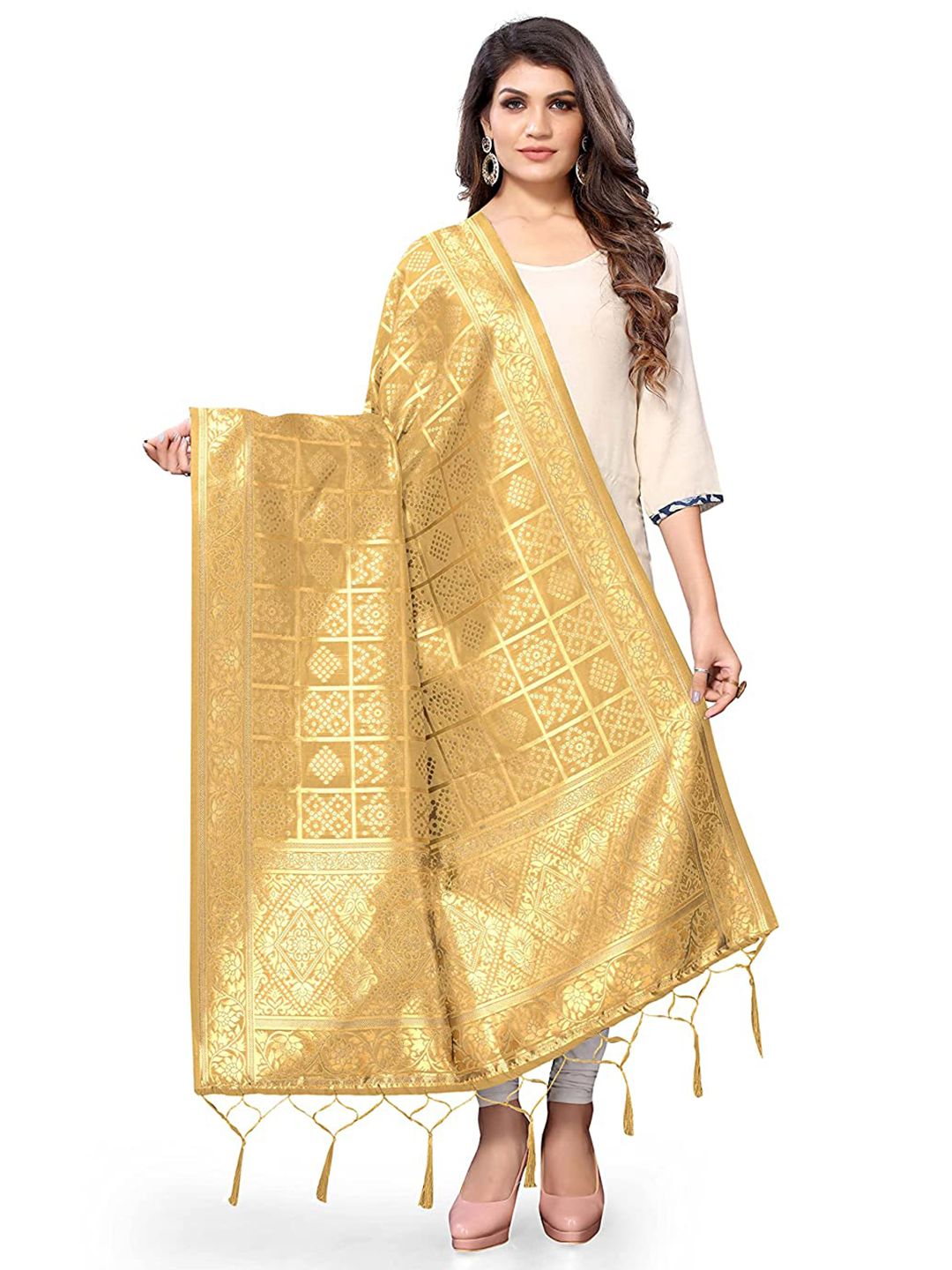 Kasak Gold-Toned Woven Design Art Silk Bandhani Dupatta Price in India