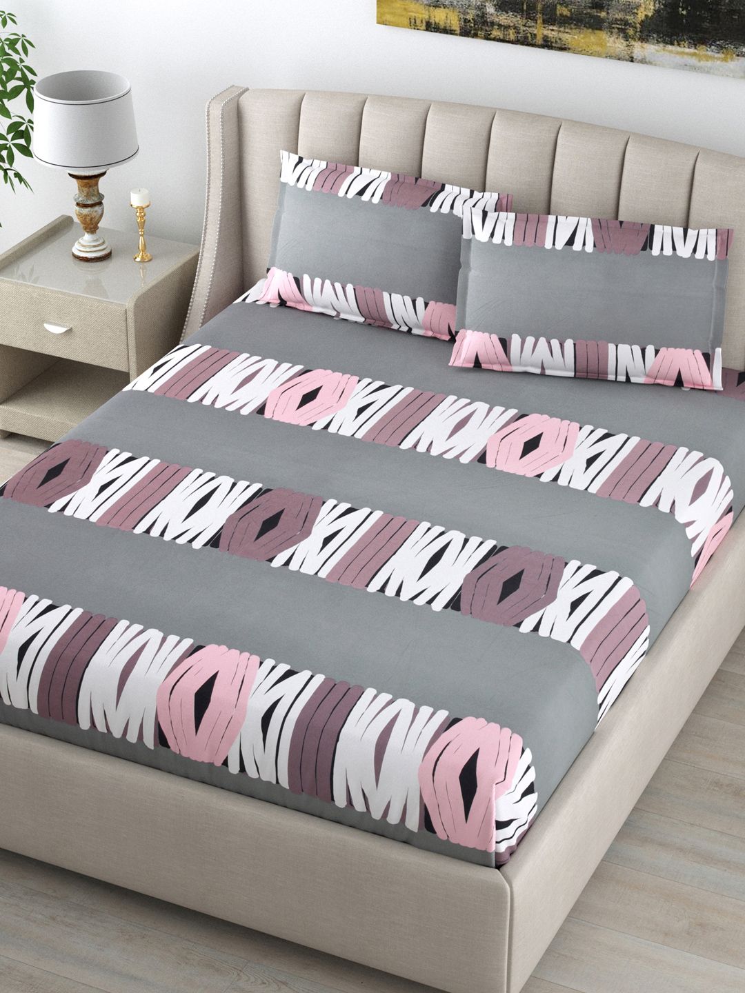DREAM WEAVERZ Grey and Pink Bedsheet with 2 pillow covers Price in India
