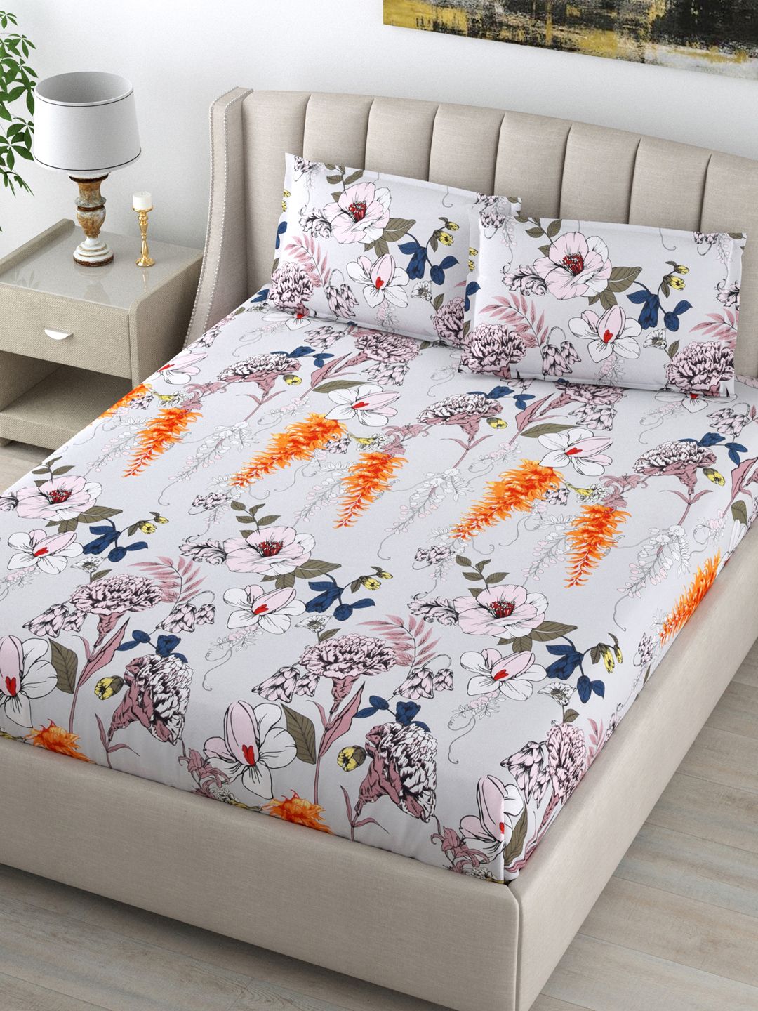 DREAM WEAVERZ Grey & Orange Floral 220 TC King Bedsheet with 2 Pillow Covers Price in India