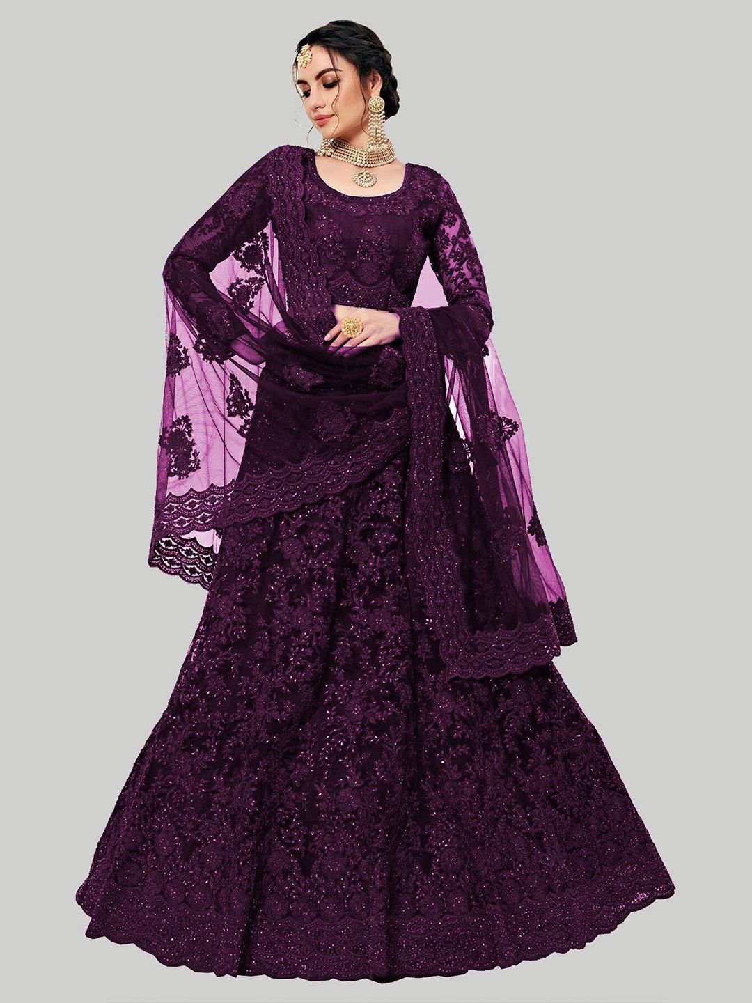 GOROLY Purple Embroidered Thread Work Semi-Stitched Lehenga & Unstitched Blouse With Dupatta Price in India