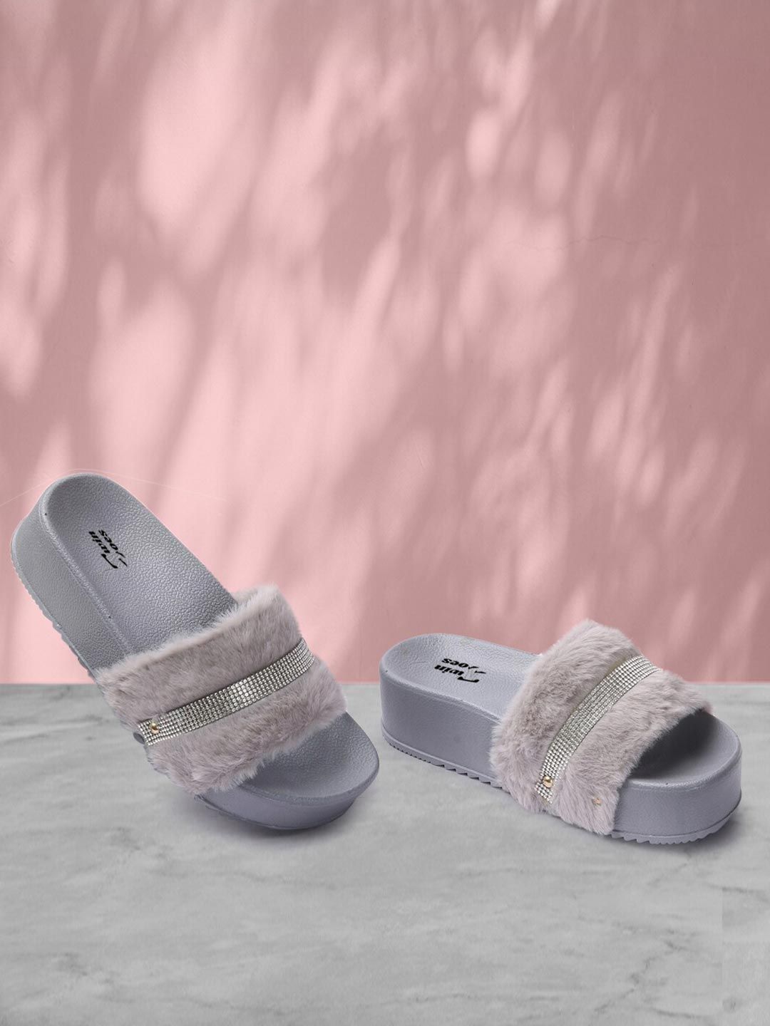 TWIN TOES Women Grey & Silver-Toned Sliders Price in India