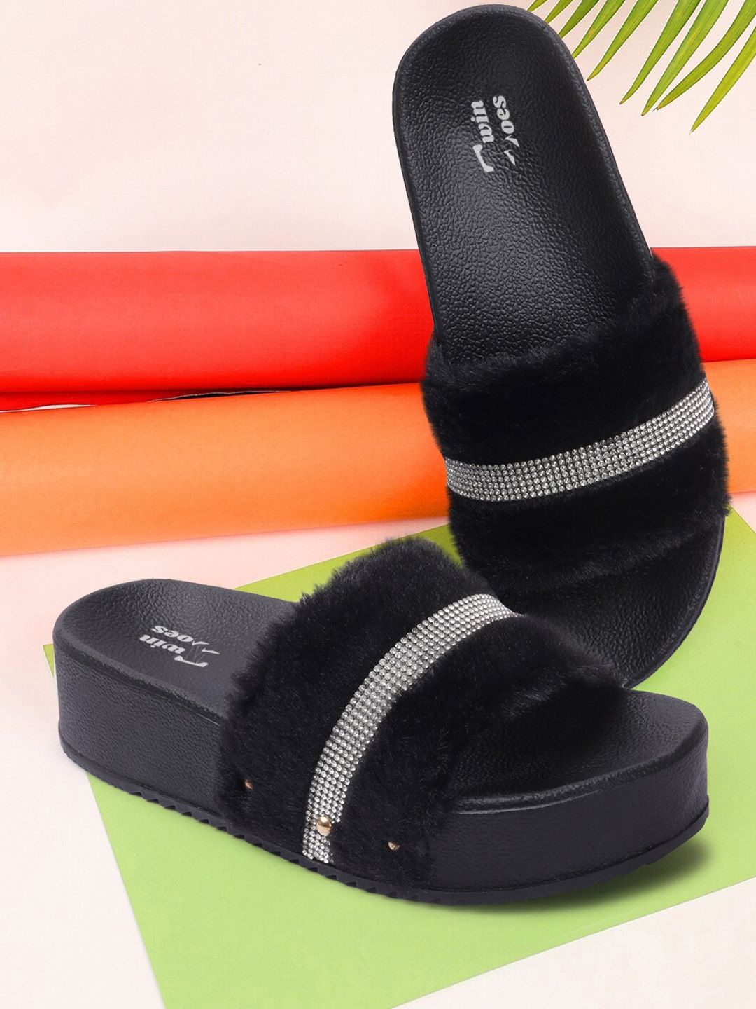 TWIN TOES Women Black & Silver-Toned Embellished Sliders Price in India