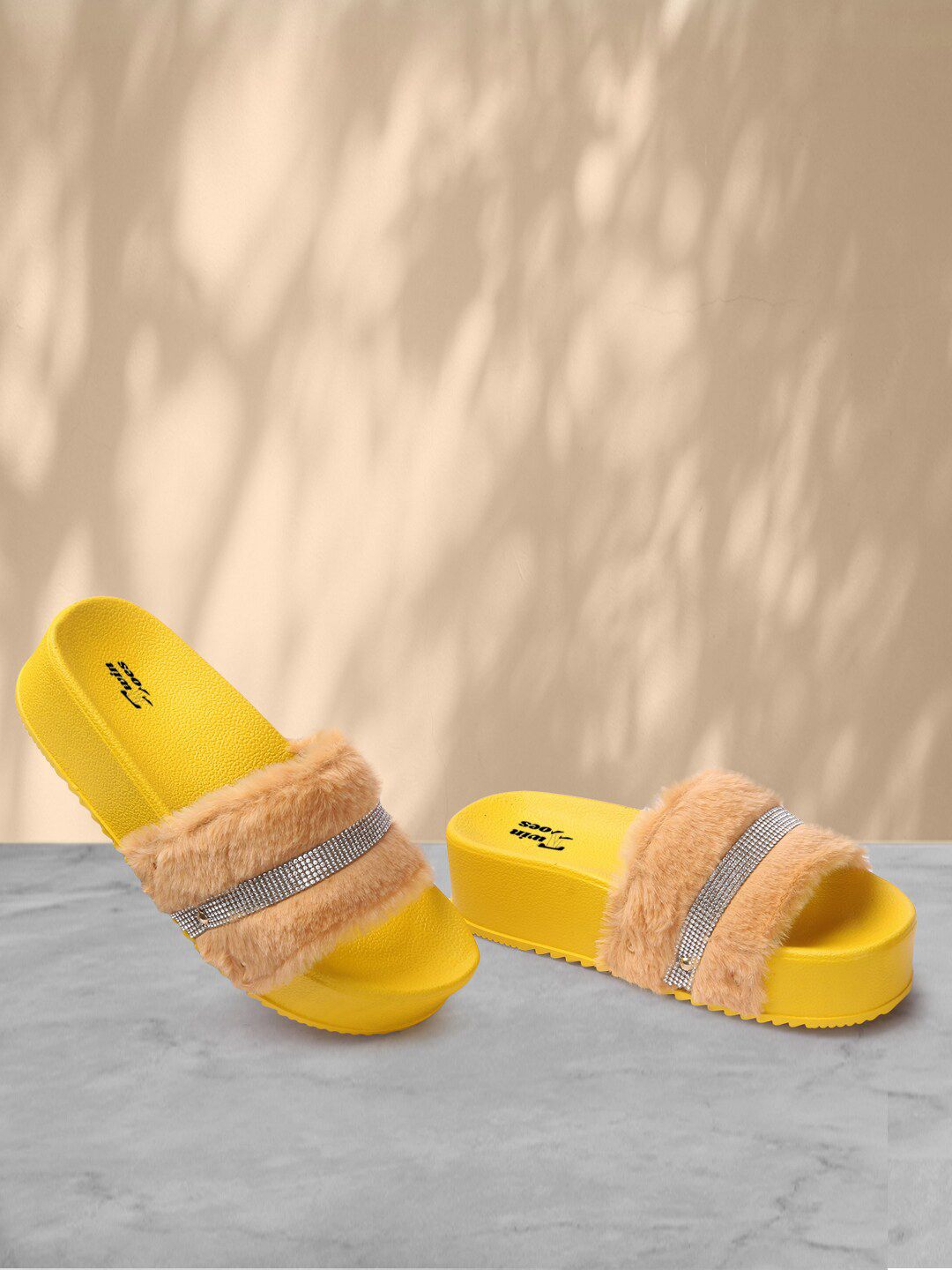 TWIN TOES Women Yellow & Silver-Toned Embellished Sliders Price in India