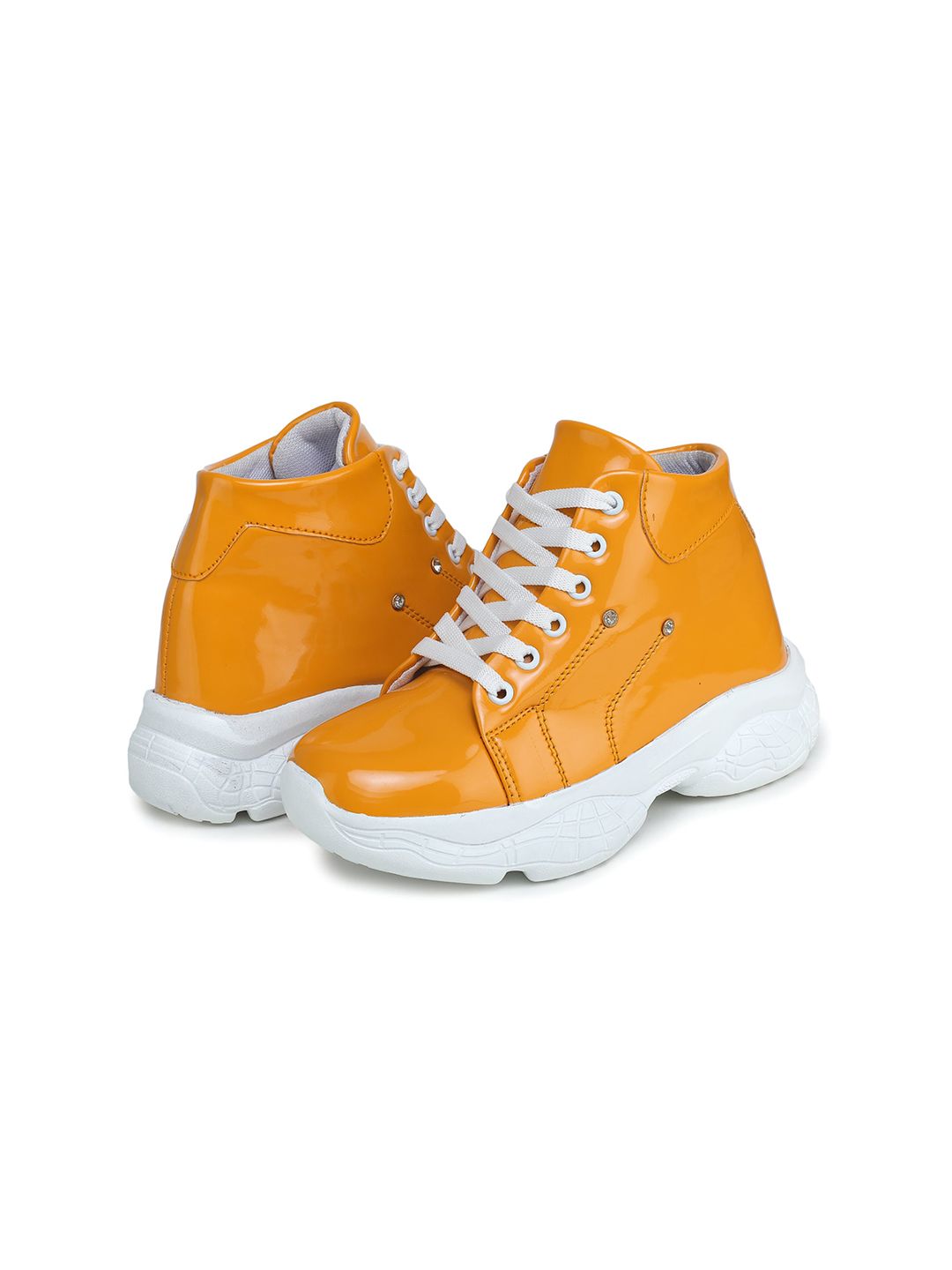 BOOTCO Women Yellow Lace-Up Mid-Top Sneakers Price in India