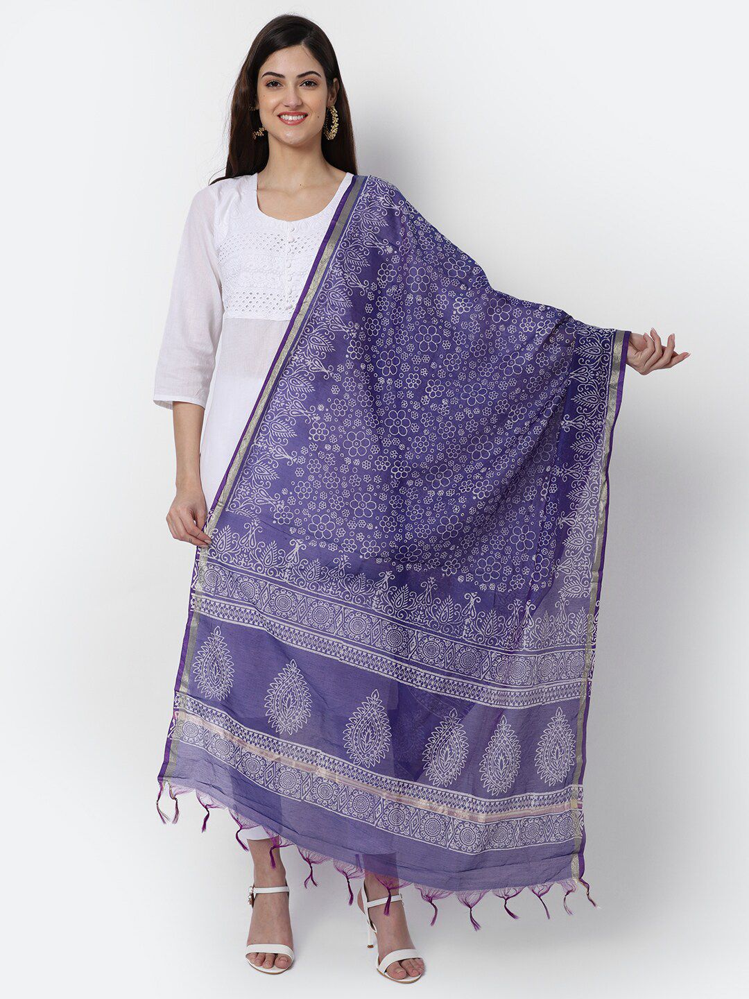LOOM LEGACY Purple & White Woven Design Cotton Silk Dupatta with Zari