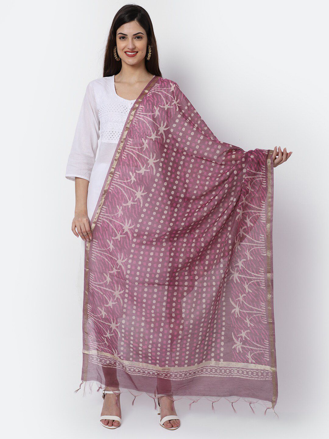 LOOM LEGACY Pink Woven Design Cotton Silk Dupatta with Zari