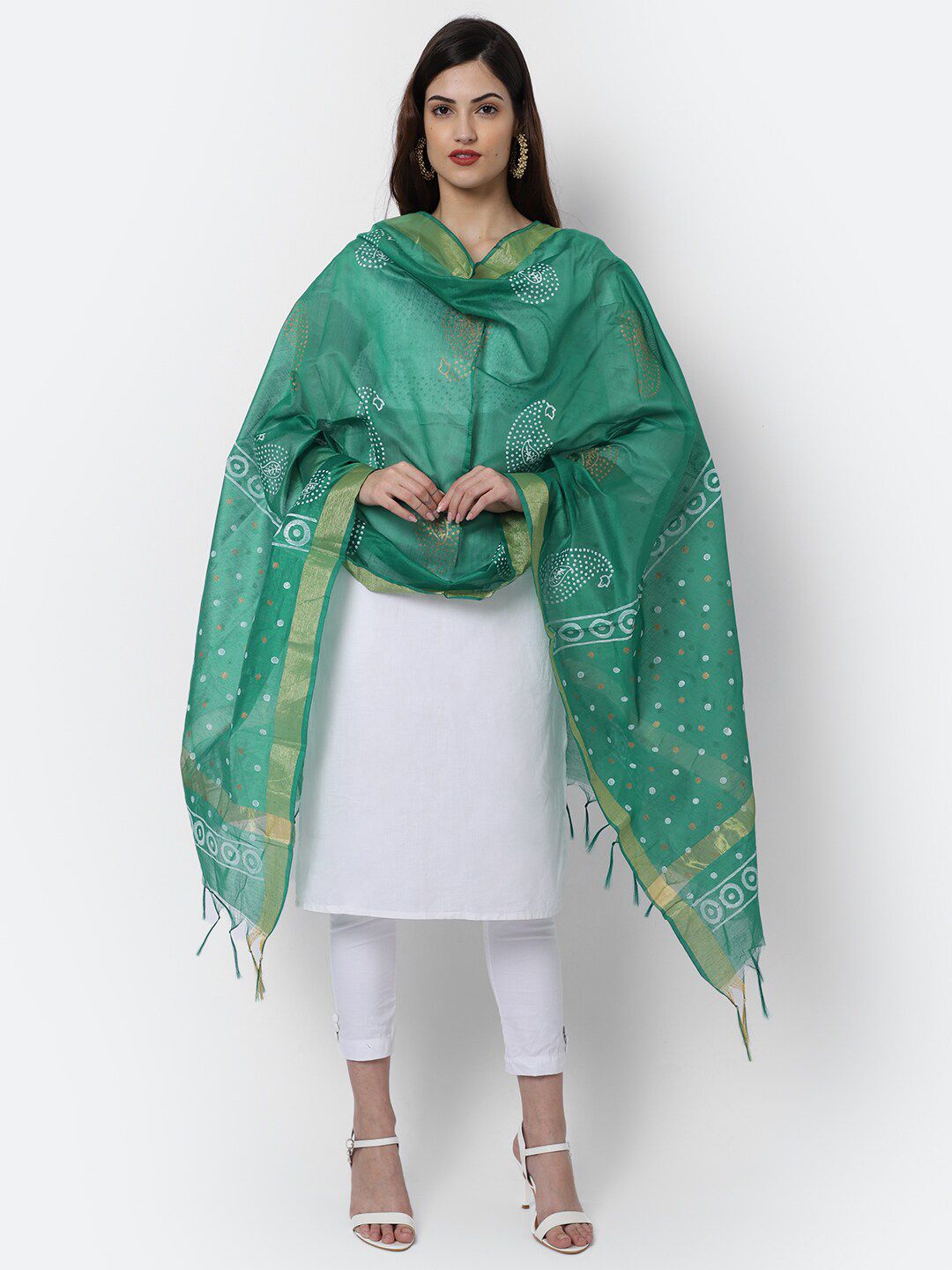 LOOM LEGACY Green & White Woven Design Cotton Silk Dupatta with Zari