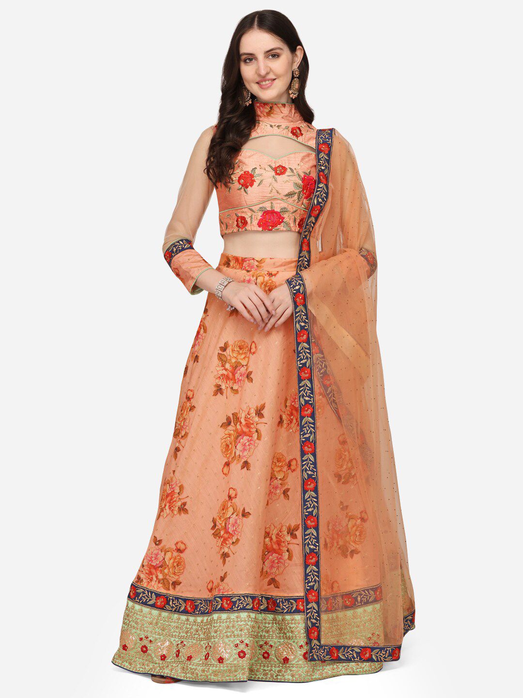 SAPTRANGI Peach-Coloured & Green Embroidered Semi-Stitched Lehenga & Unstitched Blouse With Dupatta Price in India