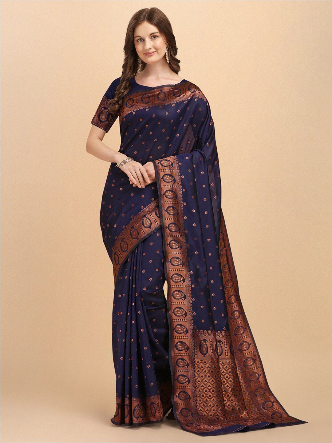 BESUCHER Navy Blue & Bronze-Toned Woven Design Zari Art Silk Kanjeevaram Saree Price in India