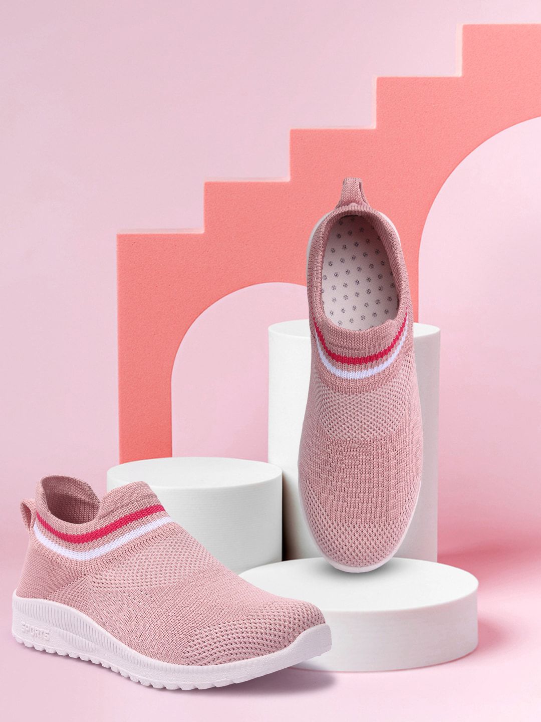 RINDAS Women Peach-Coloured Woven Design Slip-On Sneakers Price in India