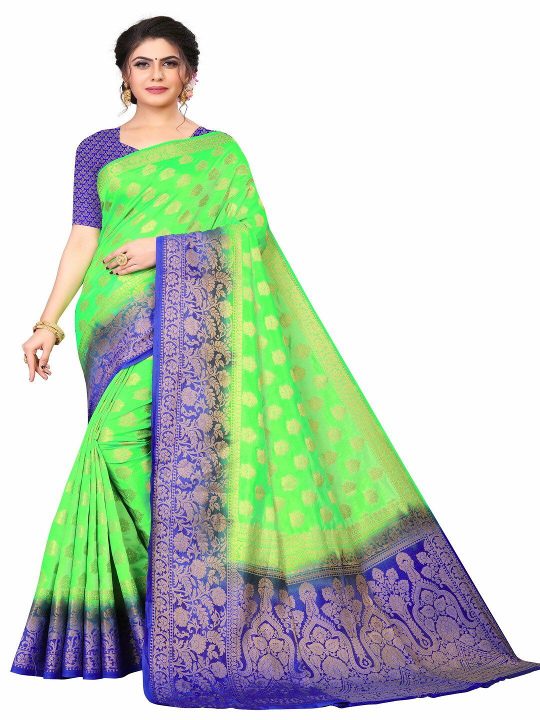 MOKSHA DESIGNS Green & Blue Ethnic Motifs Zari Pure Silk Banarasi Saree Price in India