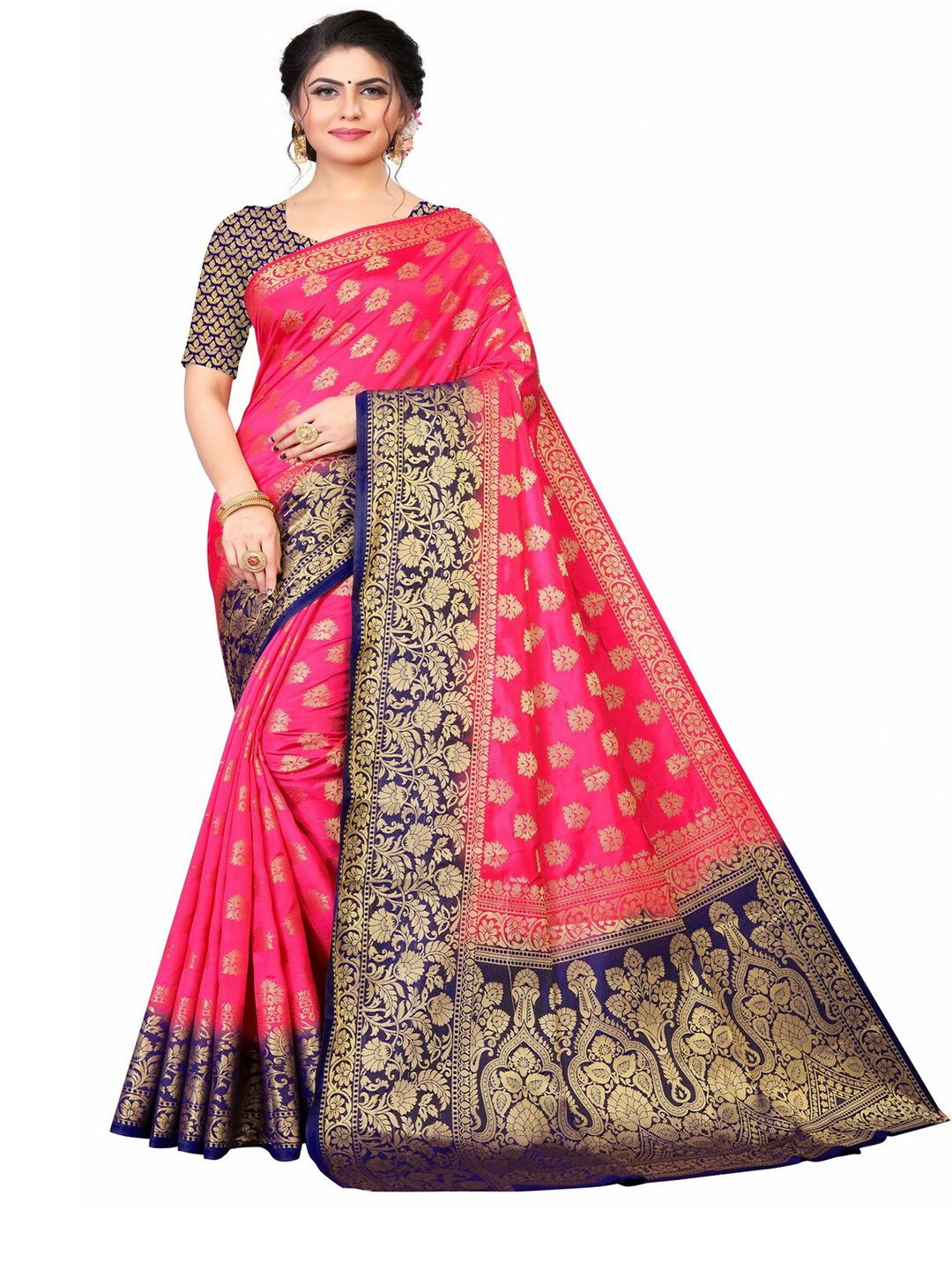 MOKSHA DESIGNS Pink & Navy Blue Ethnic Motifs Zari Pure Silk Banarasi Saree Price in India