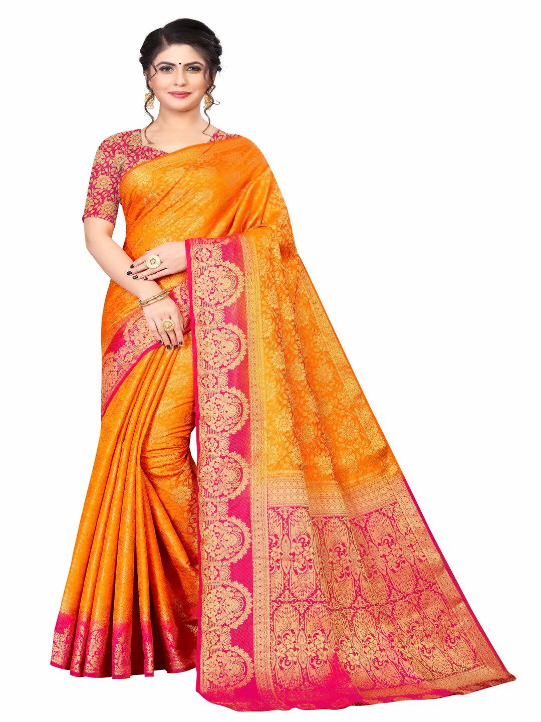 MOKSHA DESIGNS Yellow & Pink Ethnic Motifs Zari Pure Silk Banarasi Saree Price in India