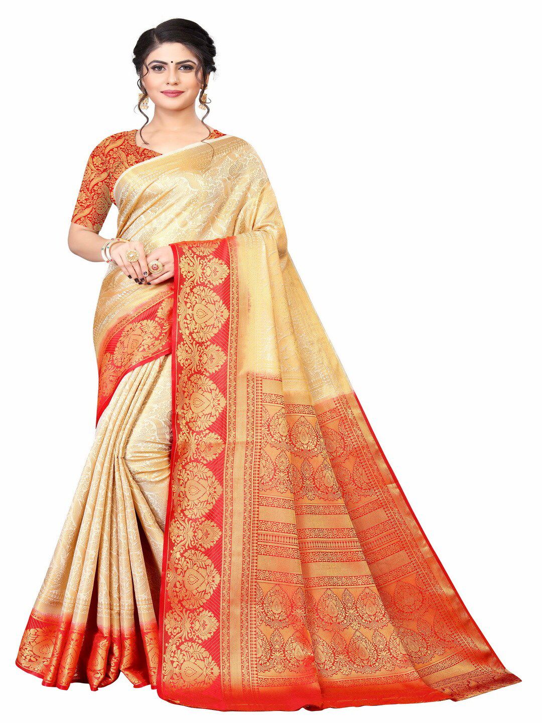 MOKSHA DESIGNS Cream-Coloured & Red Ethnic Motifs Zari Pure Silk Banarasi Saree Price in India