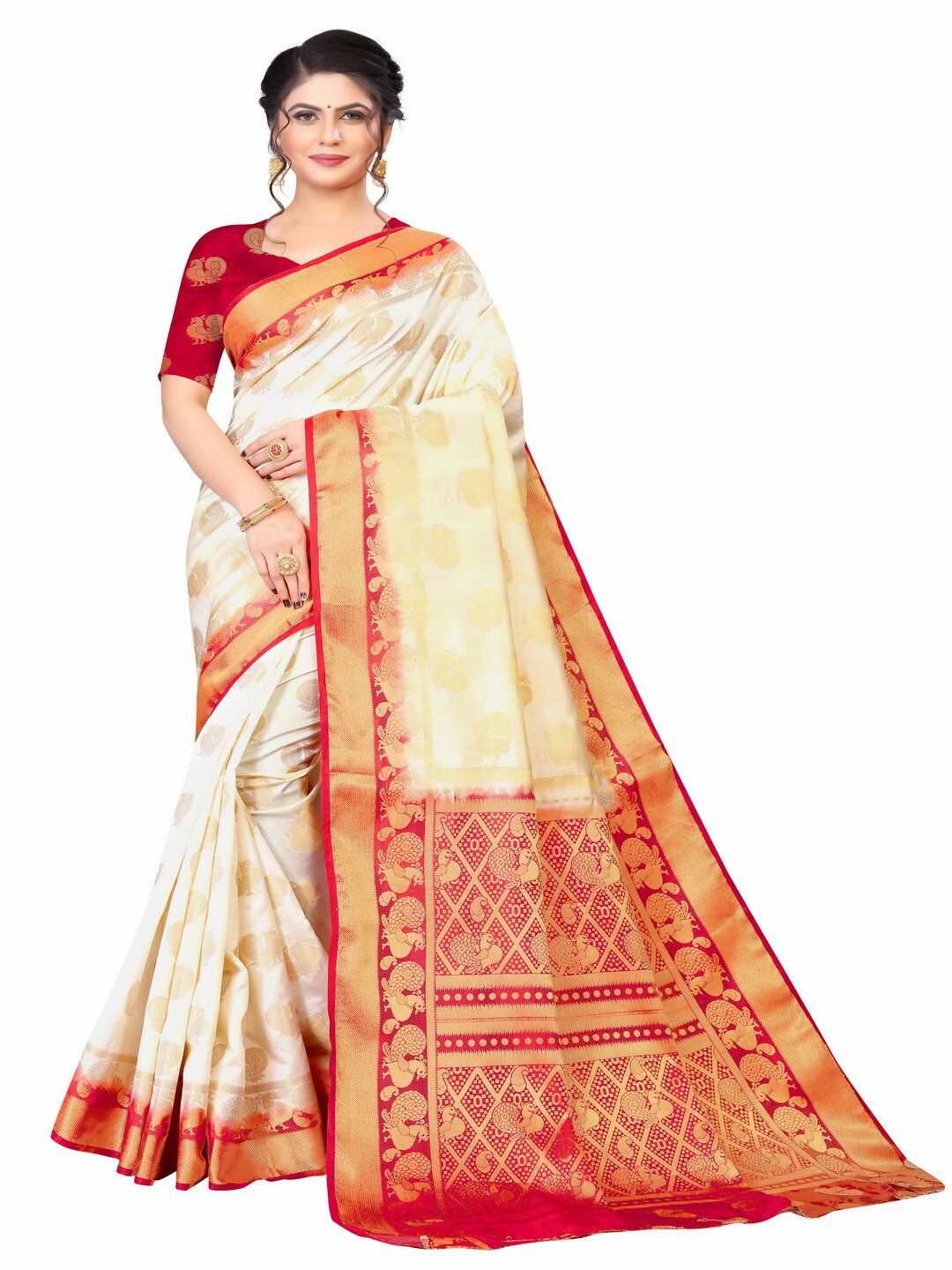 MOKSHA DESIGNS Off White & Red Ethnic Motifs Zari Pure Silk Banarasi Saree Price in India