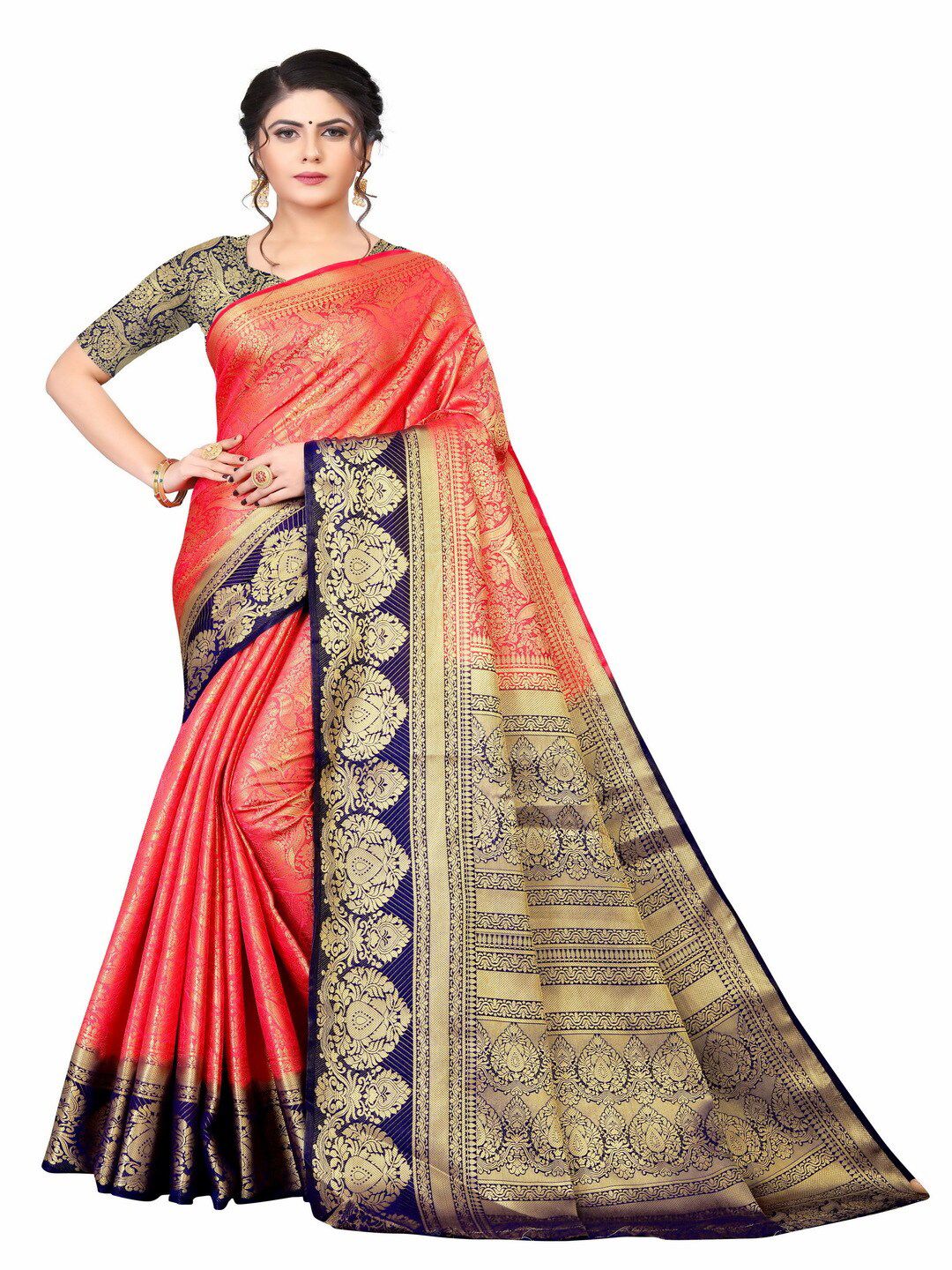 MOKSHA DESIGNS Pink & Navy Blue Ethnic Motifs Zari Pure Silk Banarasi Saree Price in India