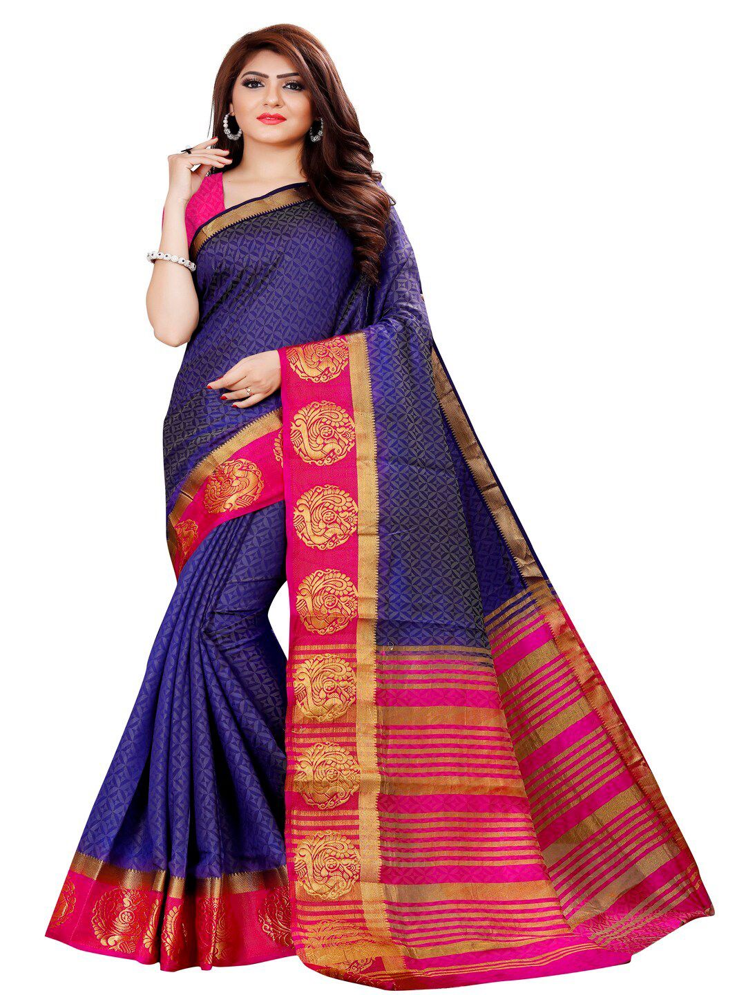 MOKSHA DESIGNS Navy Blue & Red Woven Design Zari Pure Silk Banarasi Saree Price in India