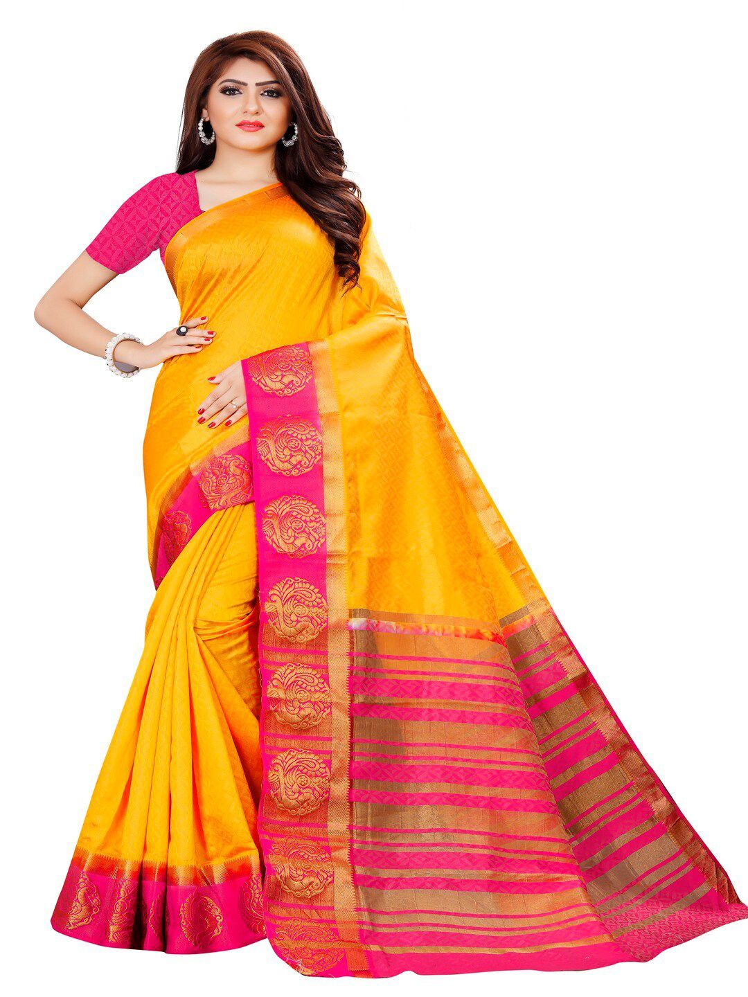 MOKSHA DESIGNS Yellow & Pink Woven Design Pure Silk Banarasi Saree Price in India