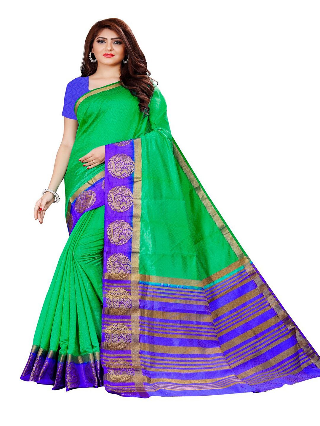 MOKSHA DESIGNS Green & Blue Woven Design Zari Pure Silk Banarasi Saree Price in India