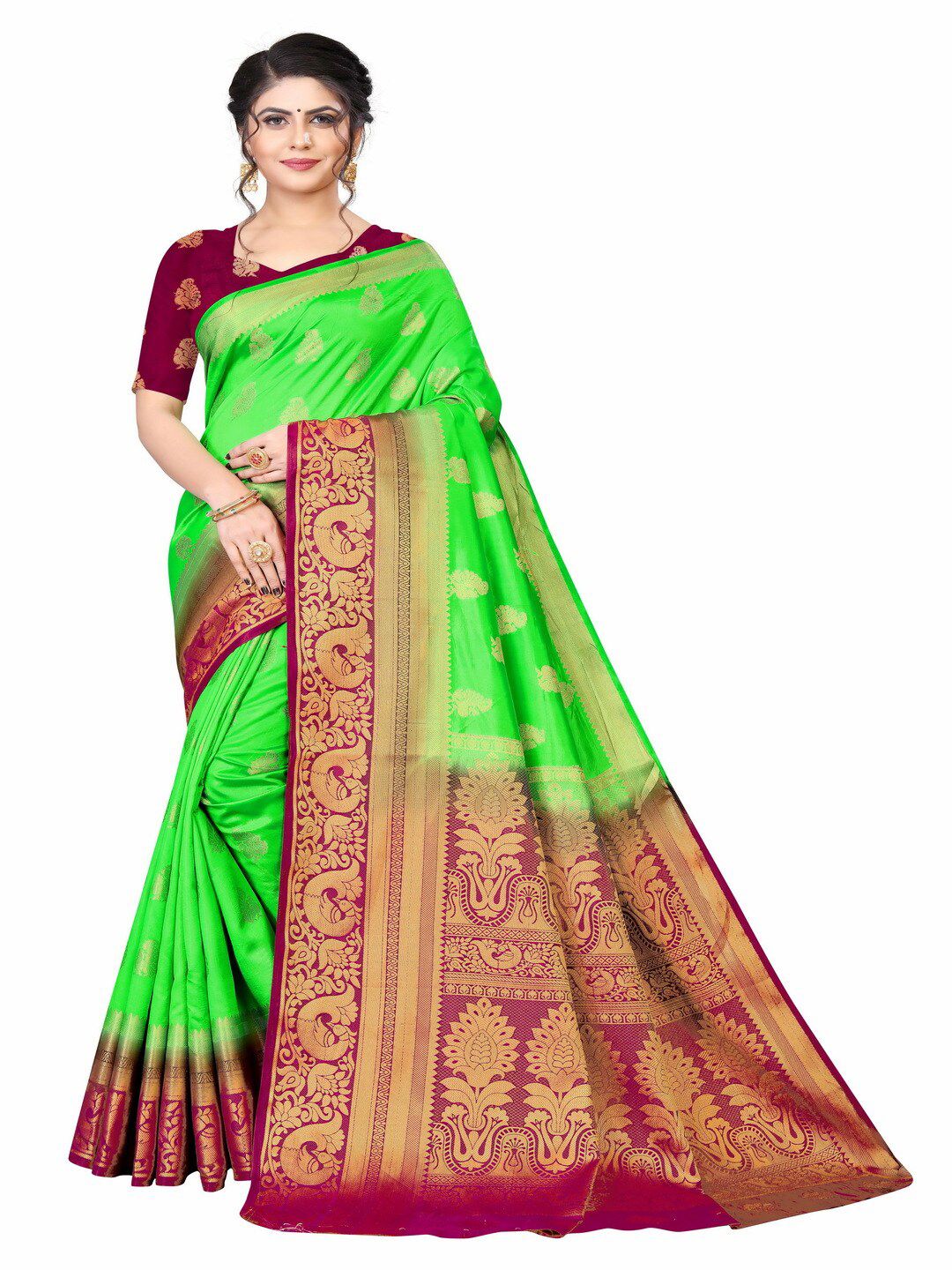 MOKSHA DESIGNS Green & Maroon Ethnic Motifs Zari Pure Silk Banarasi Saree Price in India