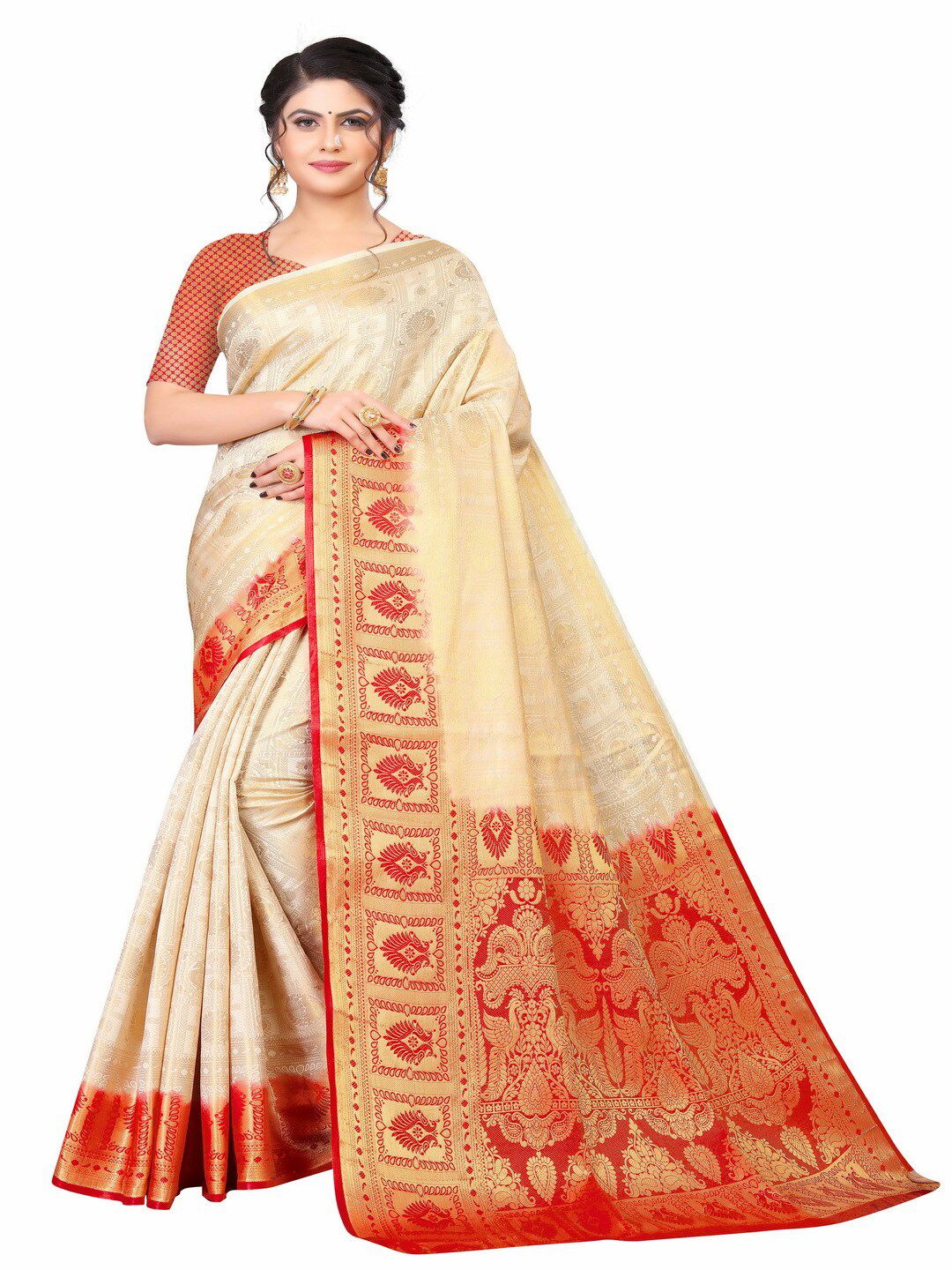 MOKSHA DESIGNS Off White & Red Woven Design Zari Pure Silk Banarasi Saree Price in India