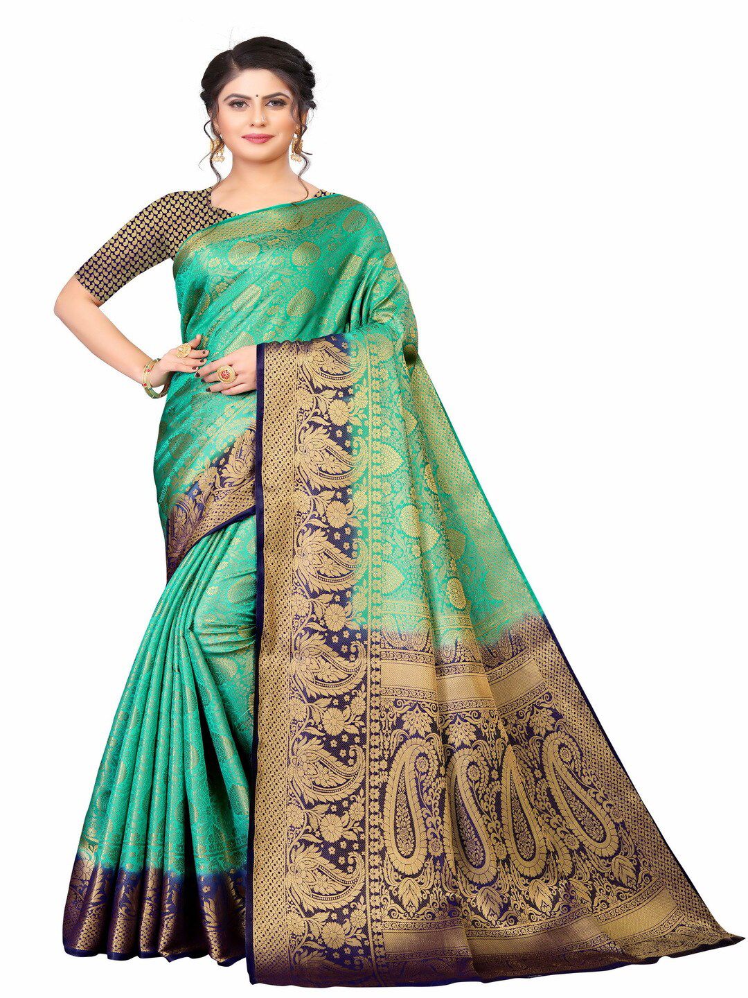 MOKSHA DESIGNS Green & Navy Blue Woven Design Zari Pure Silk Banarasi Saree Price in India