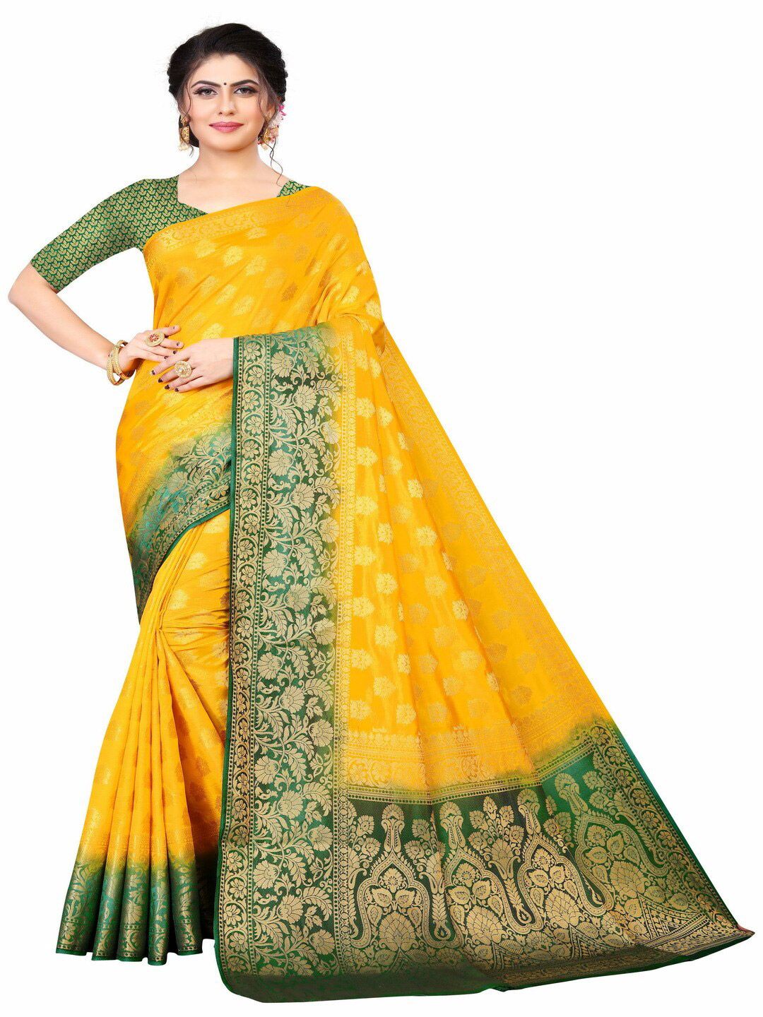 MOKSHA DESIGNS Yellow & Green Woven Design Zari Pure Silk Banarasi Saree Price in India