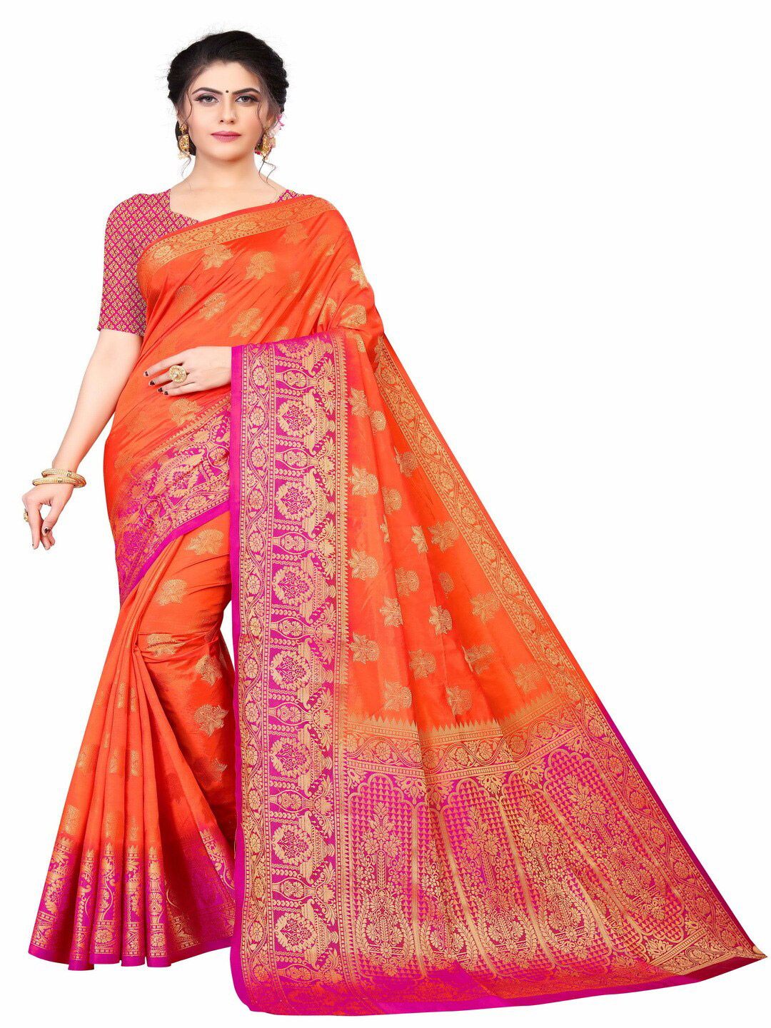 MOKSHA DESIGNS Orange & Gold-Toned Woven Design Zari Pure Silk Banarasi Saree Price in India