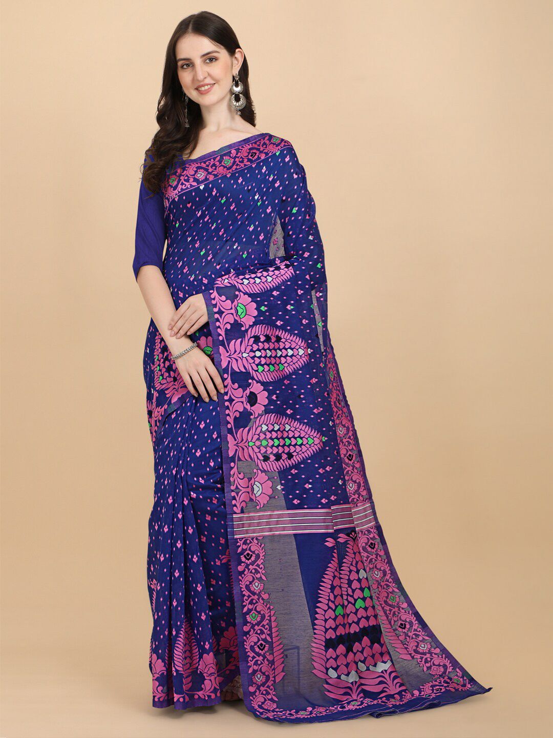 BESUCHER Blue & Pink Woven Design Jamdani Saree Price in India