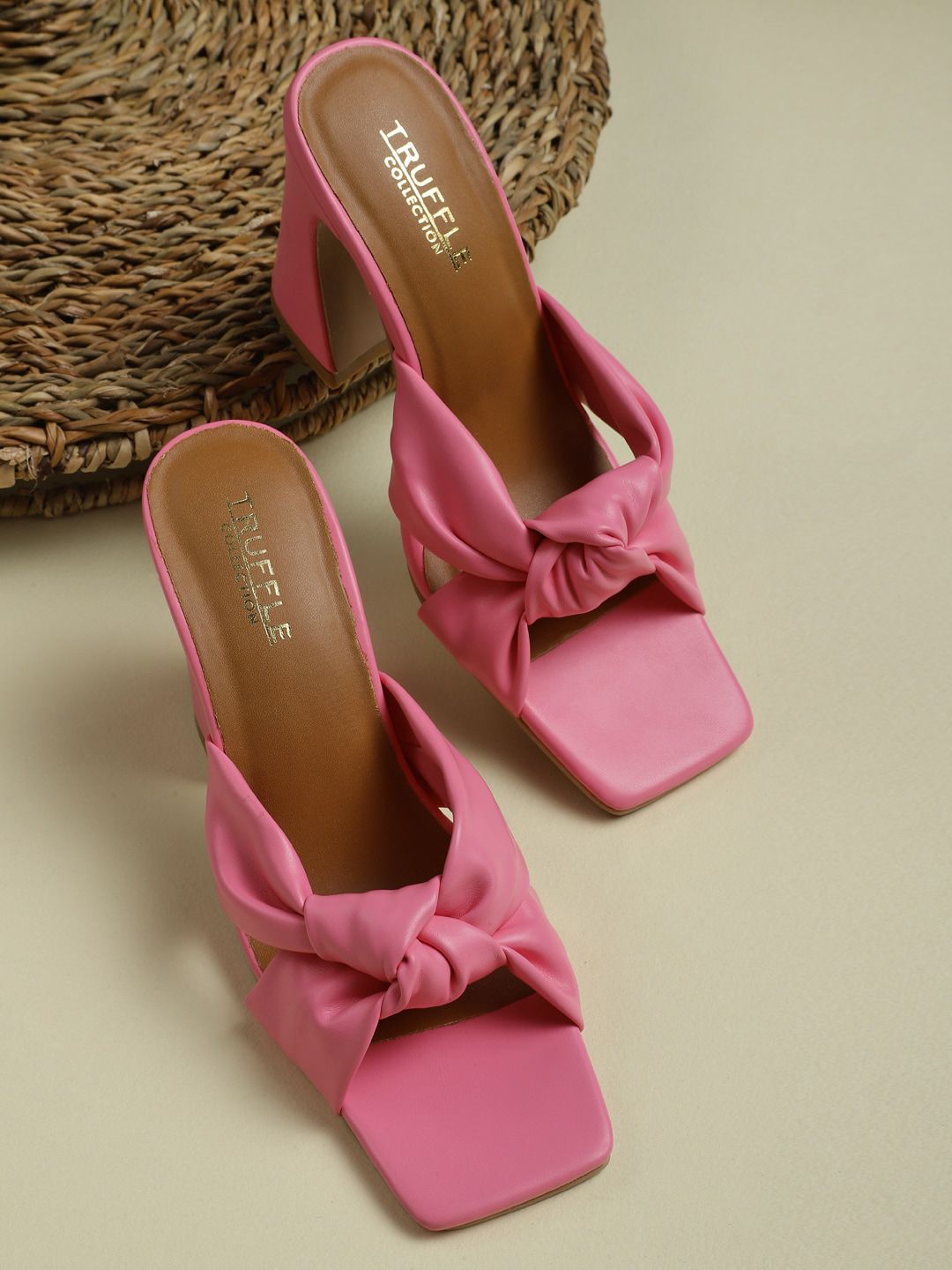 Truffle Collection Pink PU Block Mules with Bows Price in India