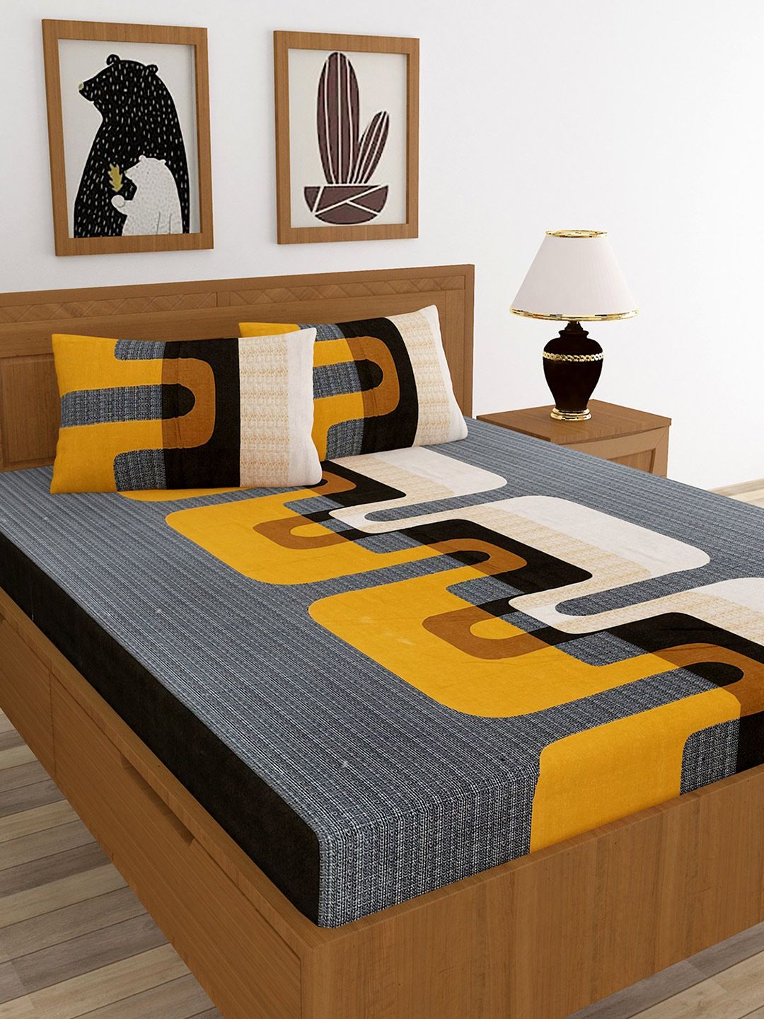 MORADO Grey & Yellow Geometric 210 TC Queen Bedsheet with 2 Pillow Covers Price in India