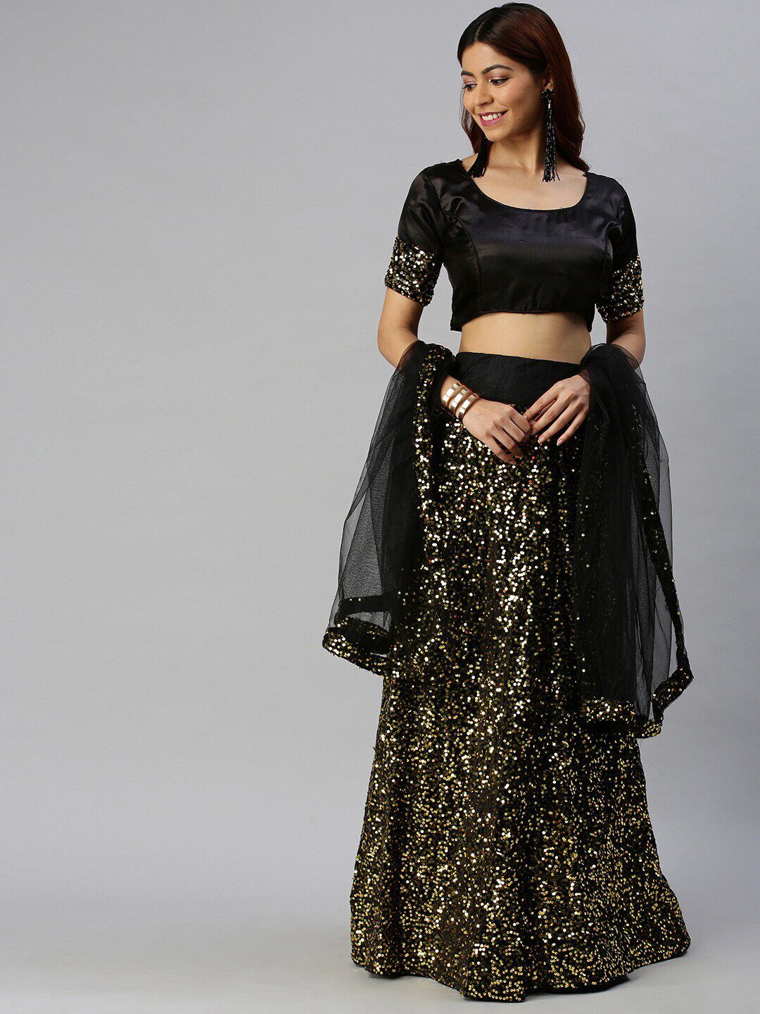 SHADOW & SAINING Black & Gold-Toned Embellished Sequinned Semi-Stitched Lehenga Unstitched Blouse With Price in India