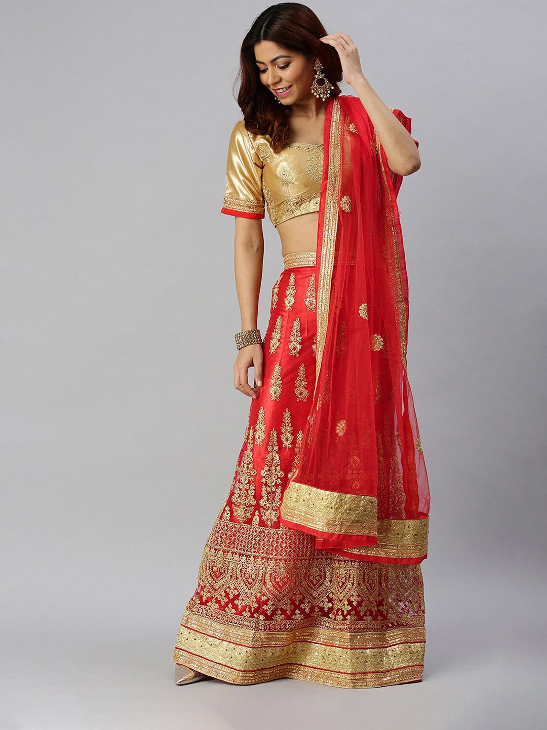 SHADOW & SAINING Red & Gold-Toned Embroidered Semi-Stitched Lehenga Unstitched Blouse With Dupatta Price in India