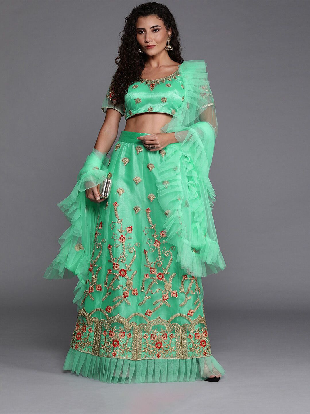 SHADOW & SAINING Sea Green & Gold-Toned Embroidered Semi-Stitched Lehenga Unstitched Blouse With Dupatta Price in India