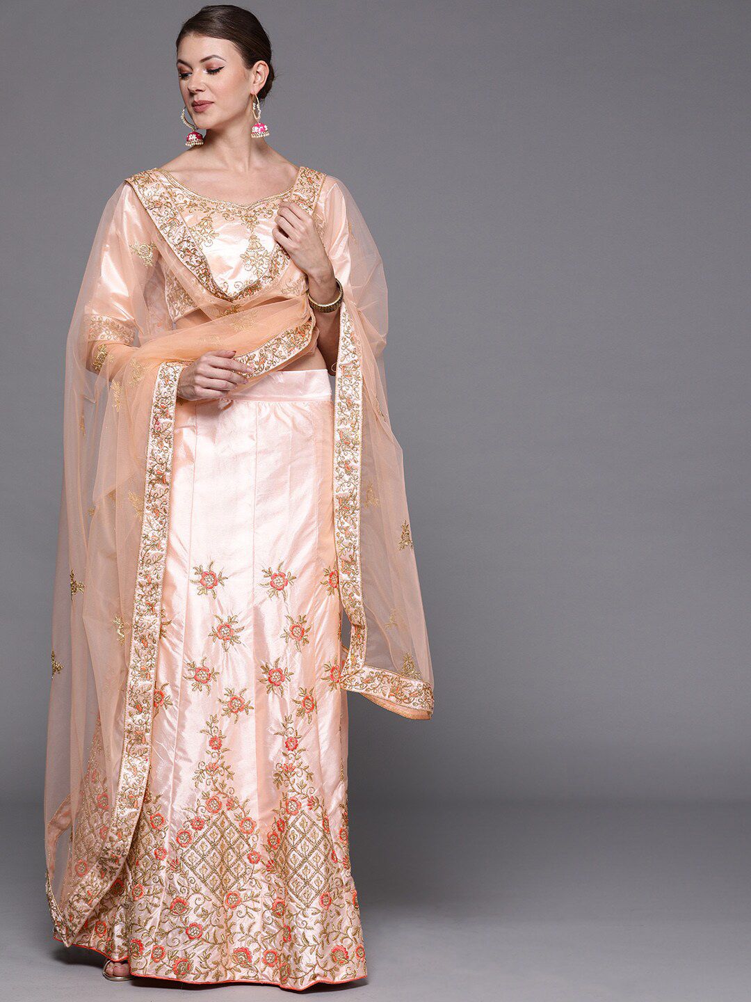 SHADOW & SAINING Pink & Gold-Toned Embroidered Semi-Stitched Lehenga Unstitched Blouse With Dupatta Price in India