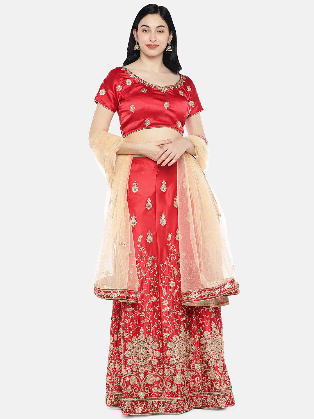 SHADOW & SAINING Red & Beige Embroidered Semi-Stitched Lehenga Unstitched Blouse With Dupatta Price in India