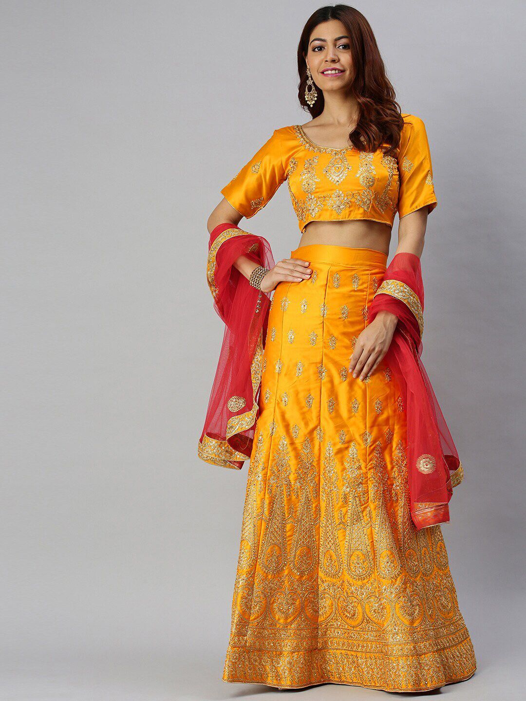 SHADOW & SAINING Mustard & Pink Embroidered Semi-Stitched Lehenga Unstitched Blouse With Dupatta Price in India