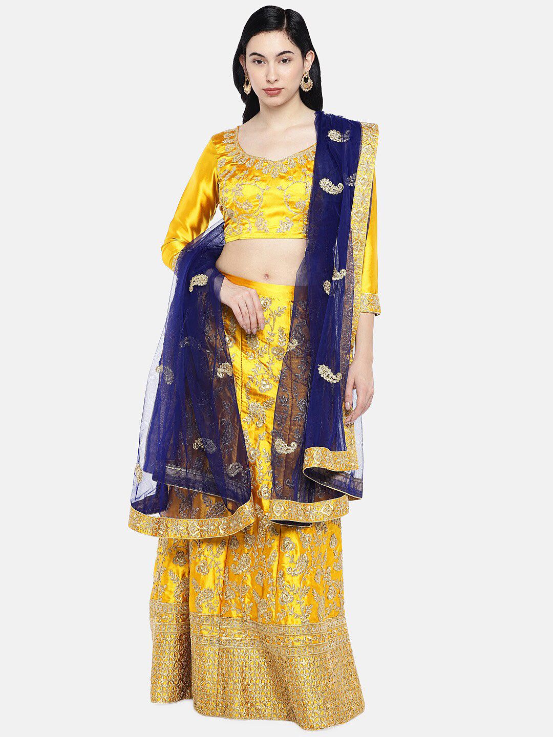 SHADOW & SAINING Yellow & Blue Embroidered Semi-Stitched Lehenga Unstitched Blouse With Dupatta Price in India