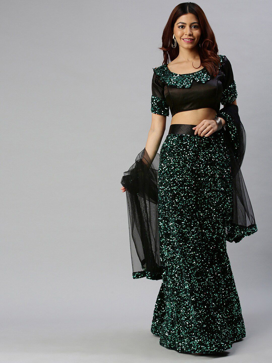 SHADOW & SAINING Green Embellished Sequinned Semi-Stitched Lehenga Unstitched Blouse With Dupatta Price in India