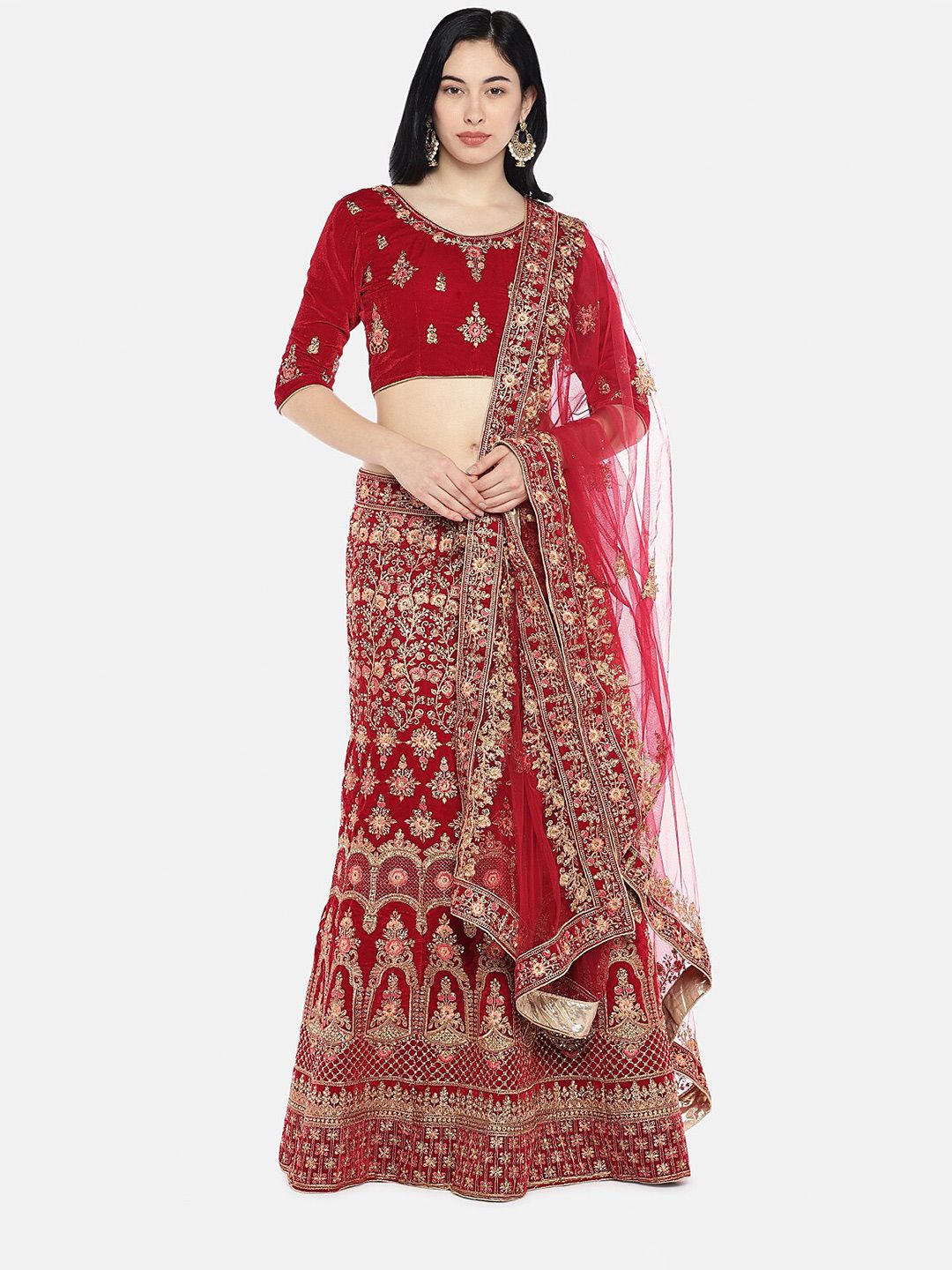 SHADOW & SAINING Red & Gold-Toned Embroidered Semi-Stitched Lehenga Unstitched Blouse With Dupatta Price in India