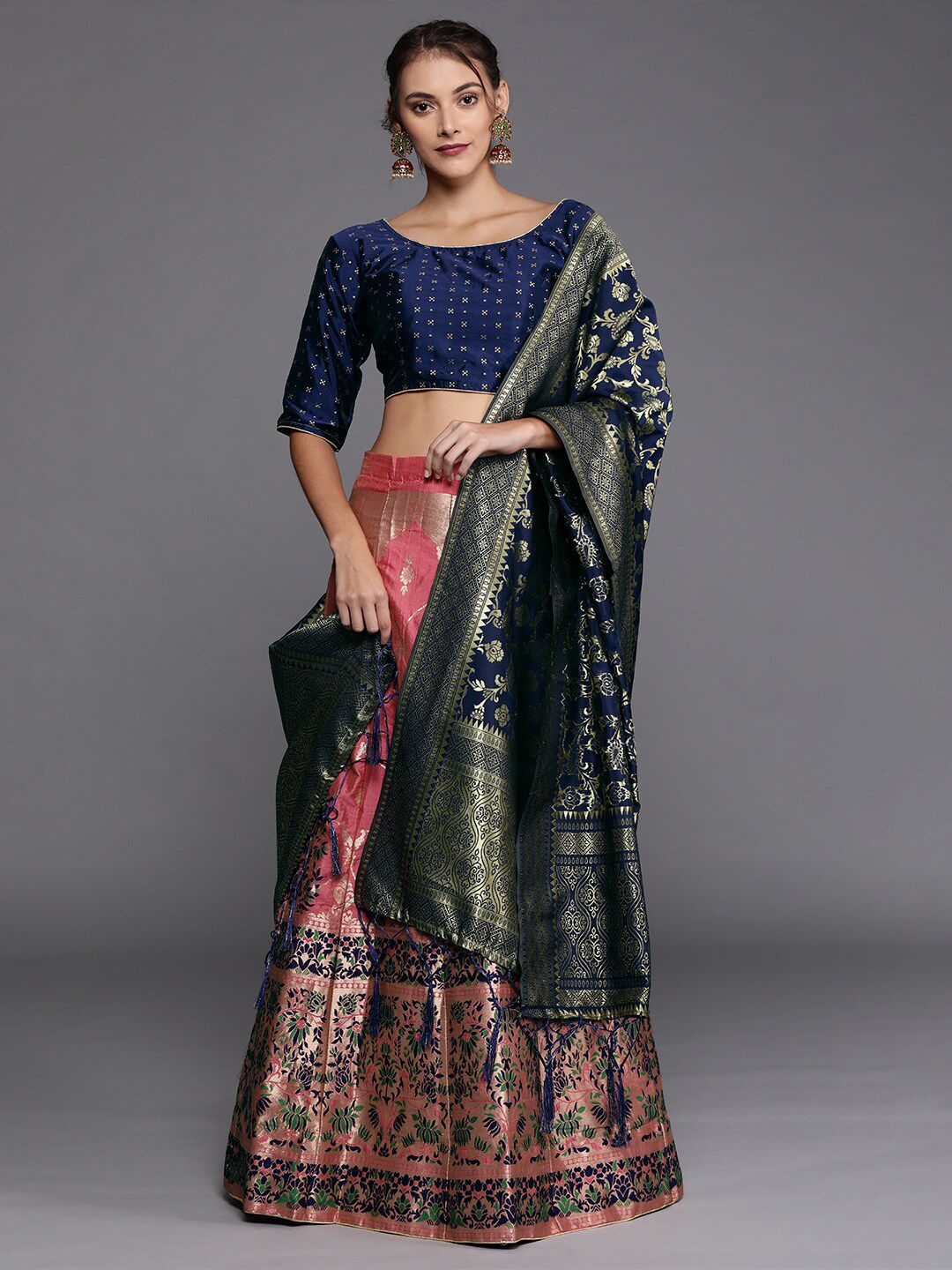 SHADOW & SAINING Navy Blue & Peach-Coloured Semi-Stitched Lehenga Unstitched Blouse With Dupatta Price in India