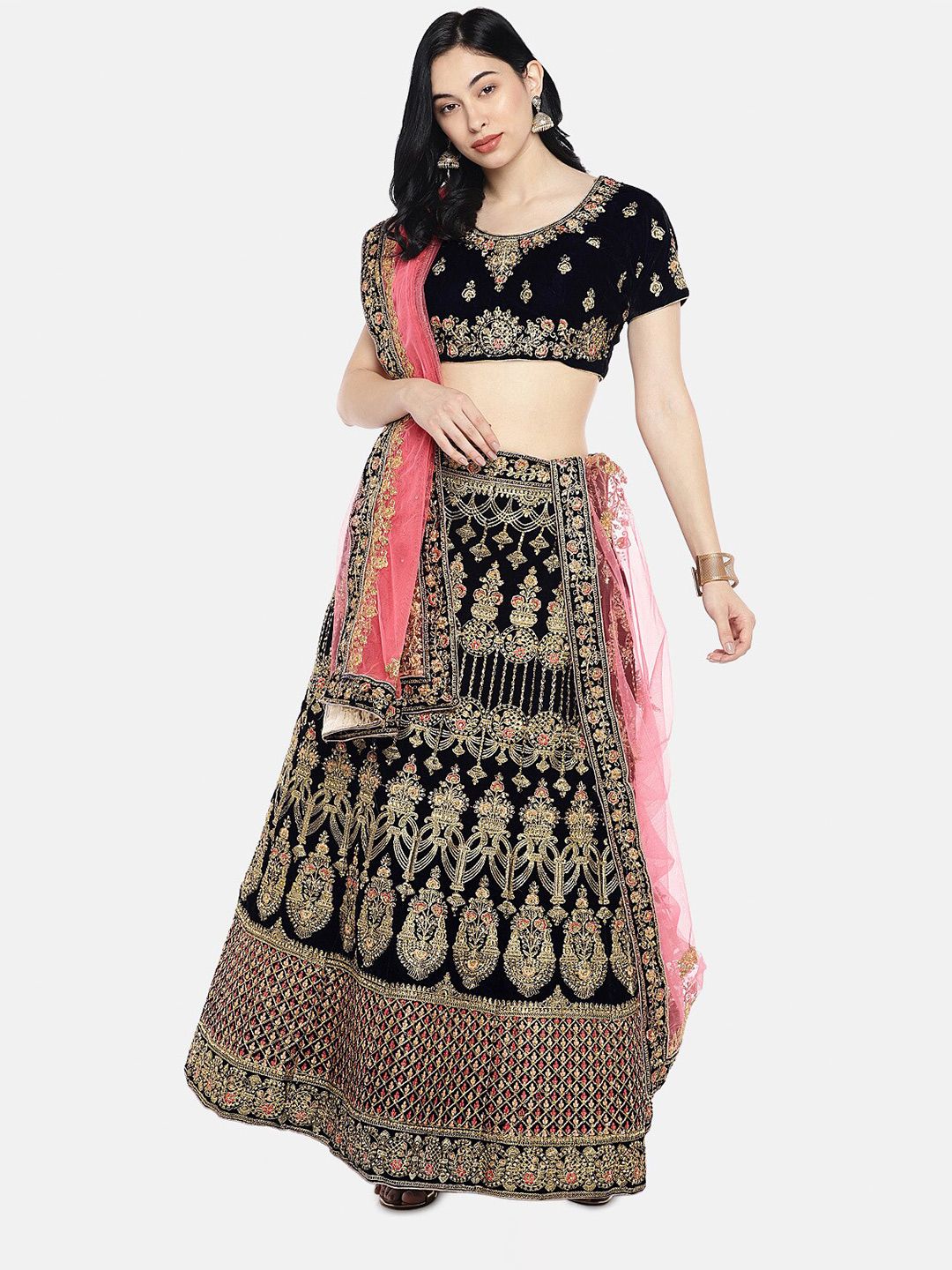 SHADOW & SAINING Black & Gold-Toned Embroidered Semi-Stitched Lehenga Unstitched Blouse With Dupatta Price in India